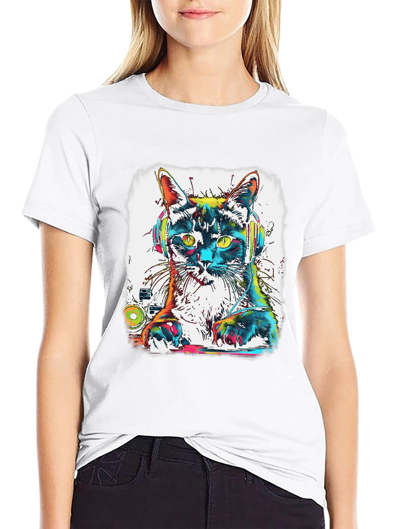 Black DJ Cat T-Shirt - Colorful Graphic Tee view 9