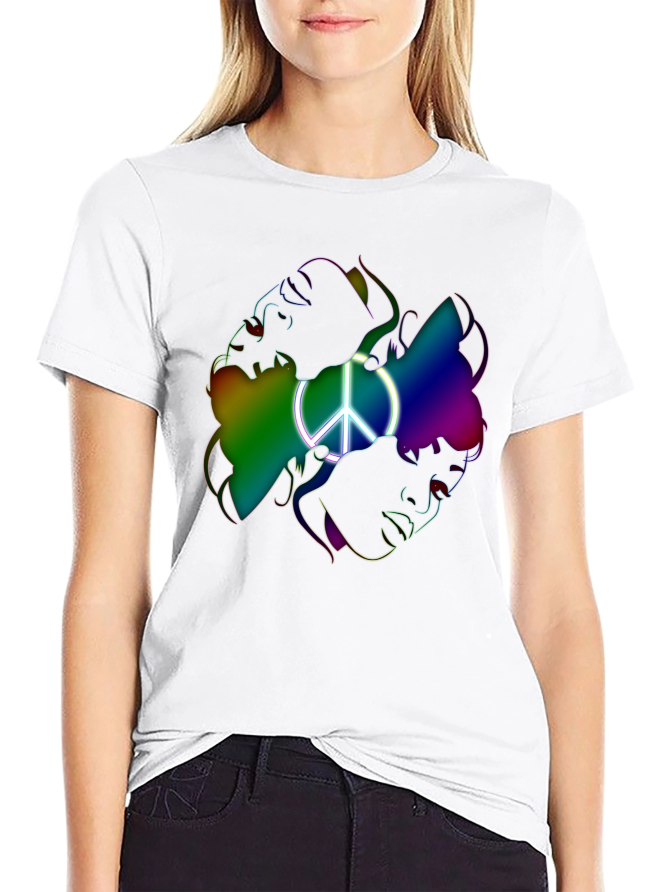 Black Peace Sign Rainbow Faces Graphic T-Shirt view 9