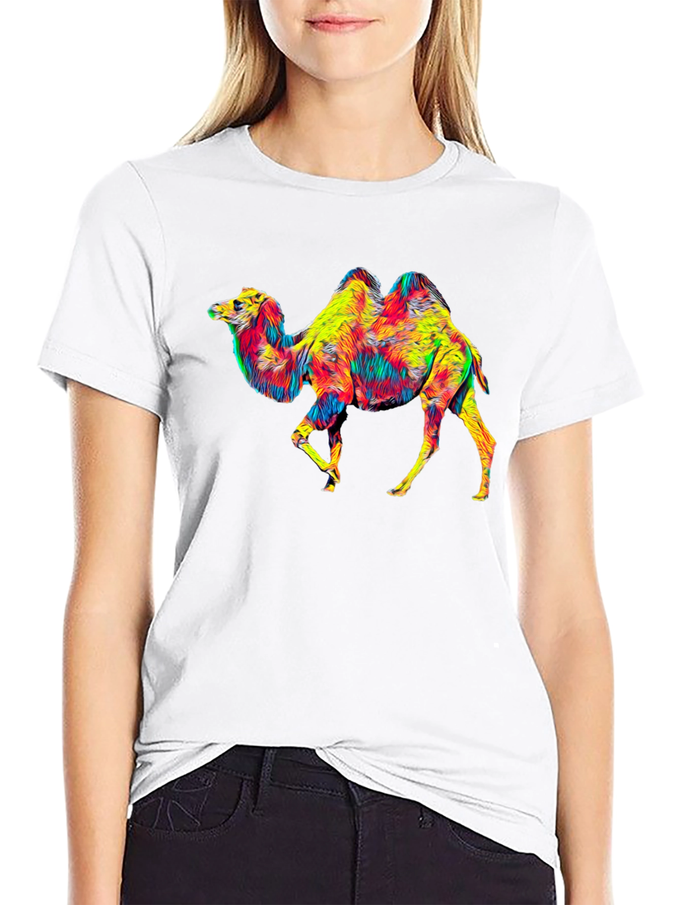 Black Colorful Camel Graphic T-Shirt - Unique Animal Print view 9