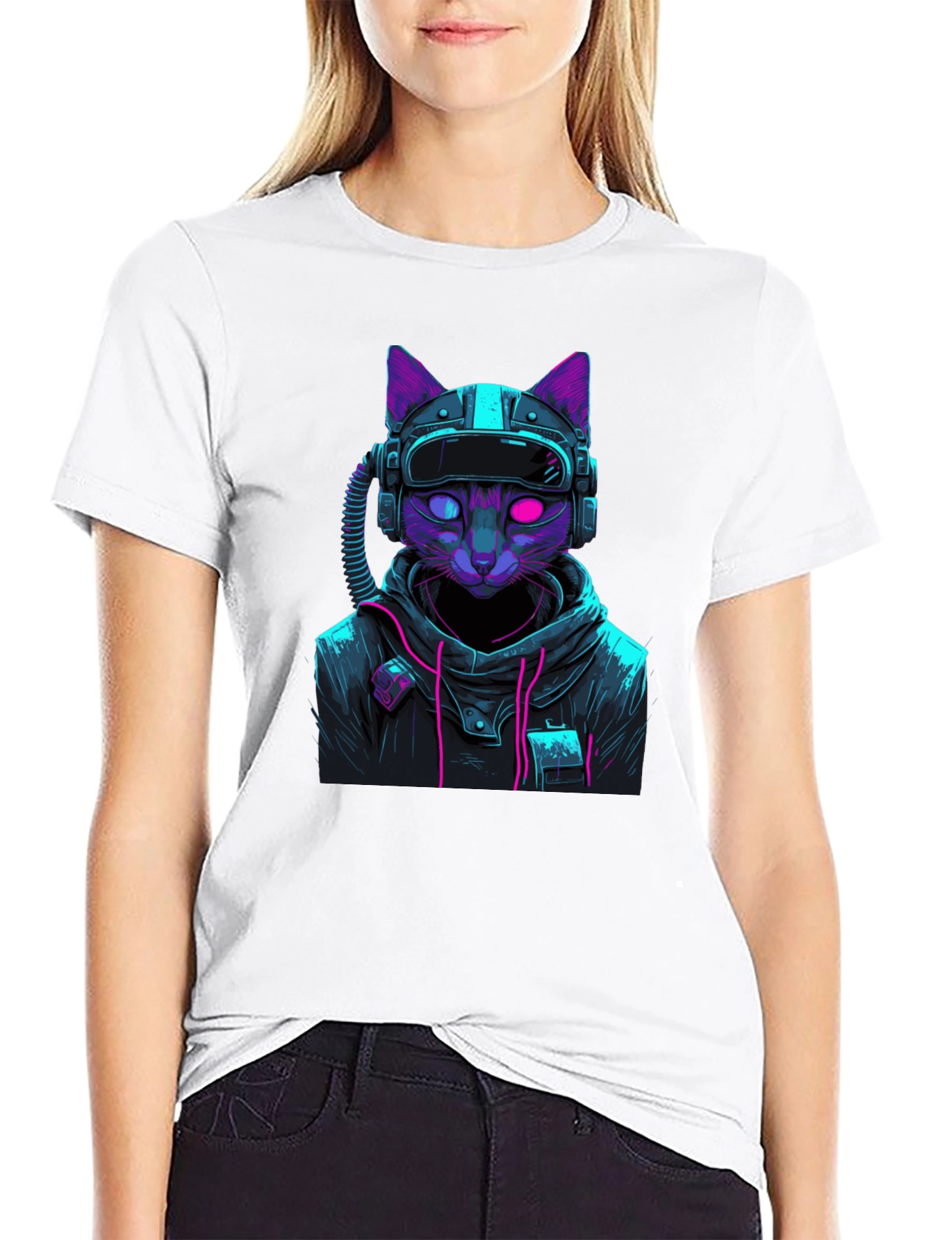 Black Cyberpunk Cat T-Shirt - Futuristic Style view 9