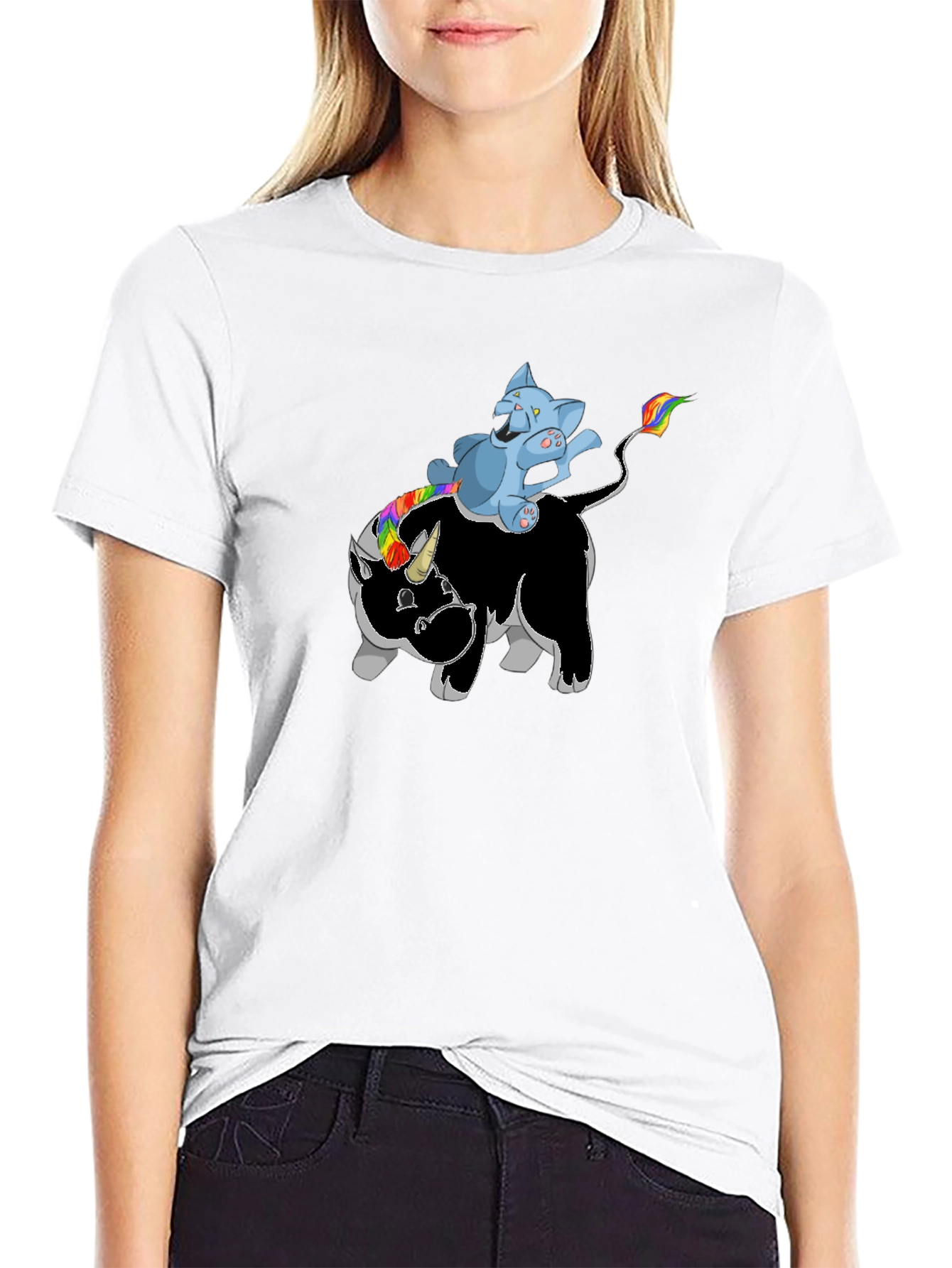 Black Unicorn Rhino Cat Rider T-Shirt - Black view 9