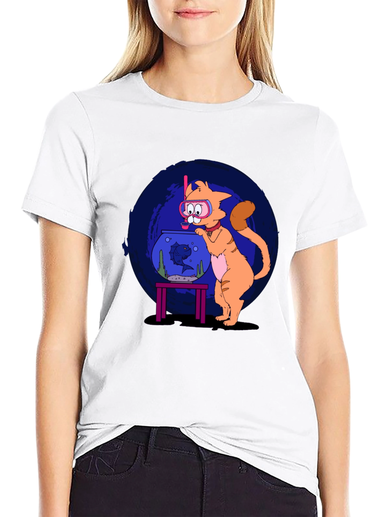 Black Cartoon Cat Snorkeling T-Shirt view 9