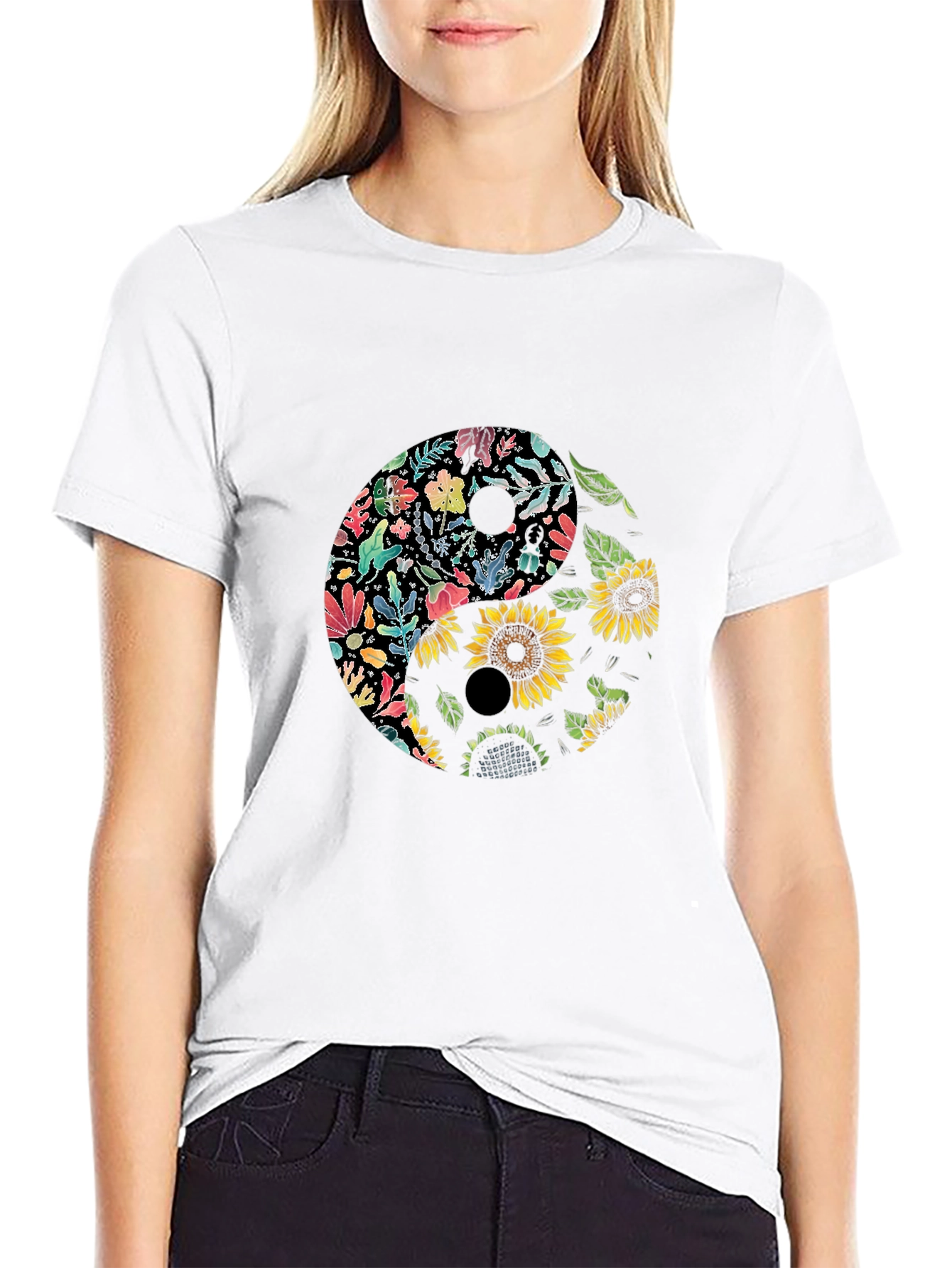 Black Floral Yin Yang Graphic Tee - Black view 9