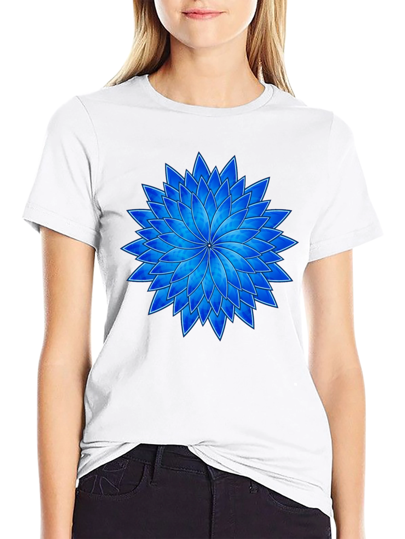 Black Blue Flower Graphic Black T-Shirt view 9