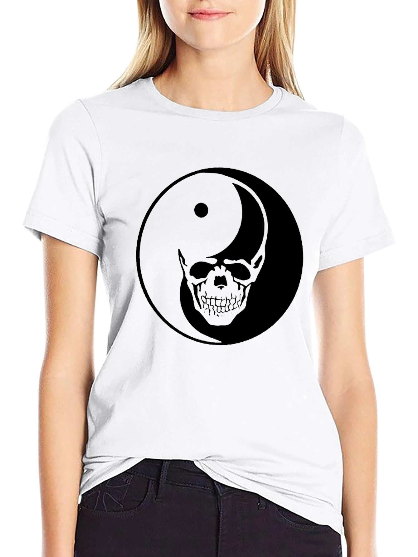 Black Yin Yang Skull Graphic Black T-Shirt view 9