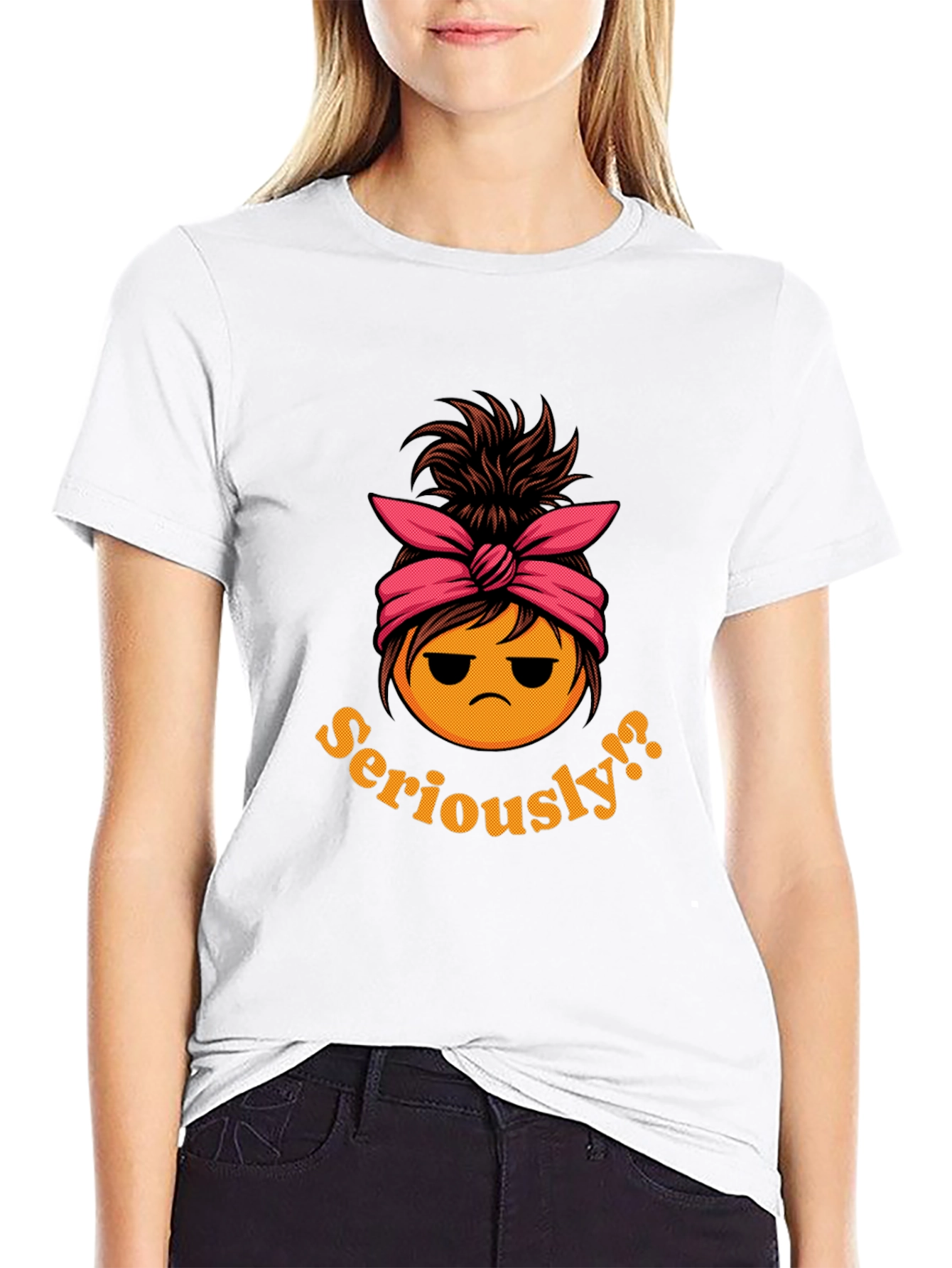 Black Seriously?! Messy Bun Emoji T-Shirt view 9