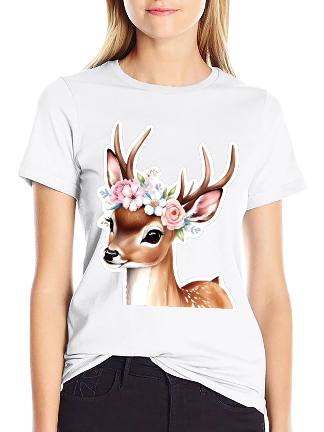 Black Deer Floral Crown Black T-Shirt view 9