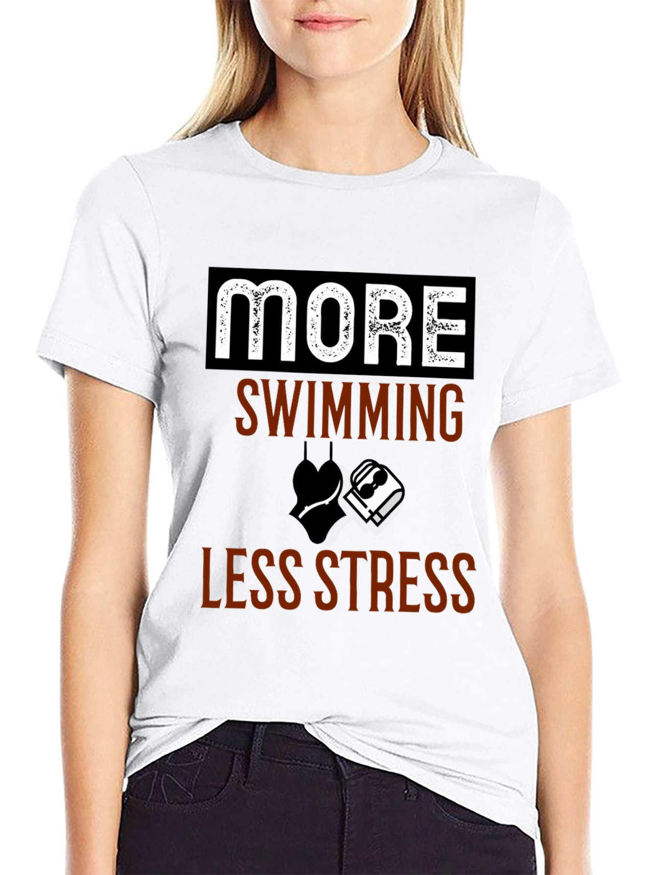 More Swimming Less Stress Black T-Shirt - 9