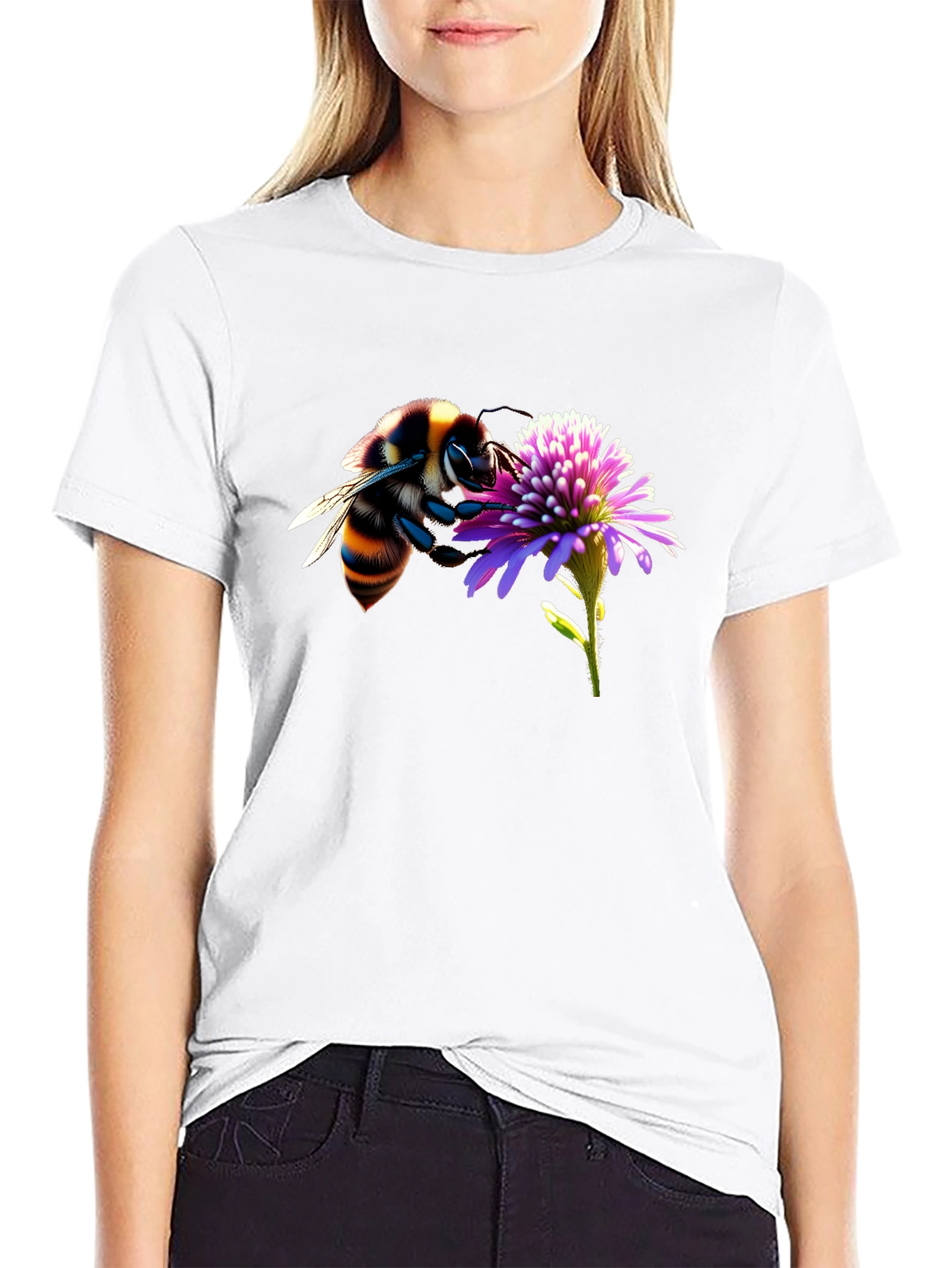 Black Bee on Flower Graphic Tee - Black Cotton T-Shirt view 9