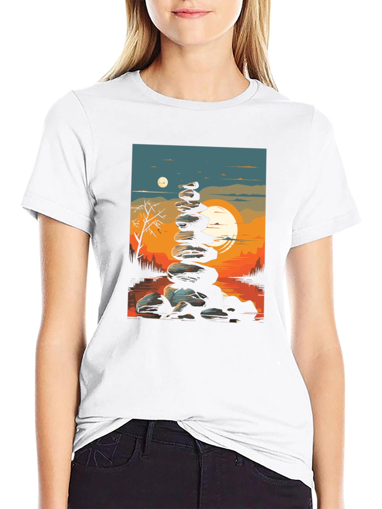 Black Zen Rock Stack T-Shirt - Sunset Landscape view 9