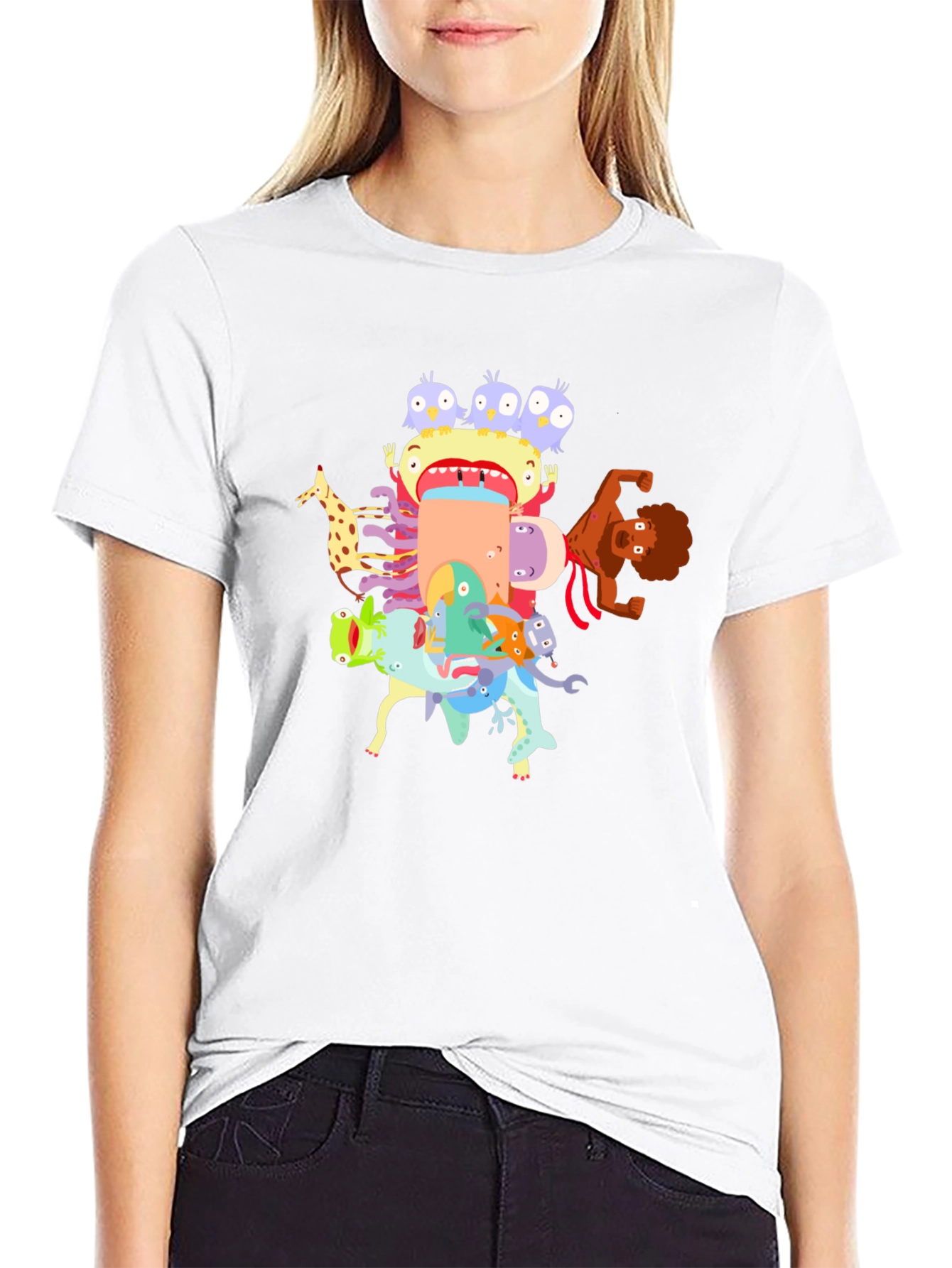 Black Cartoon Creature Stack Black T-Shirt view 9