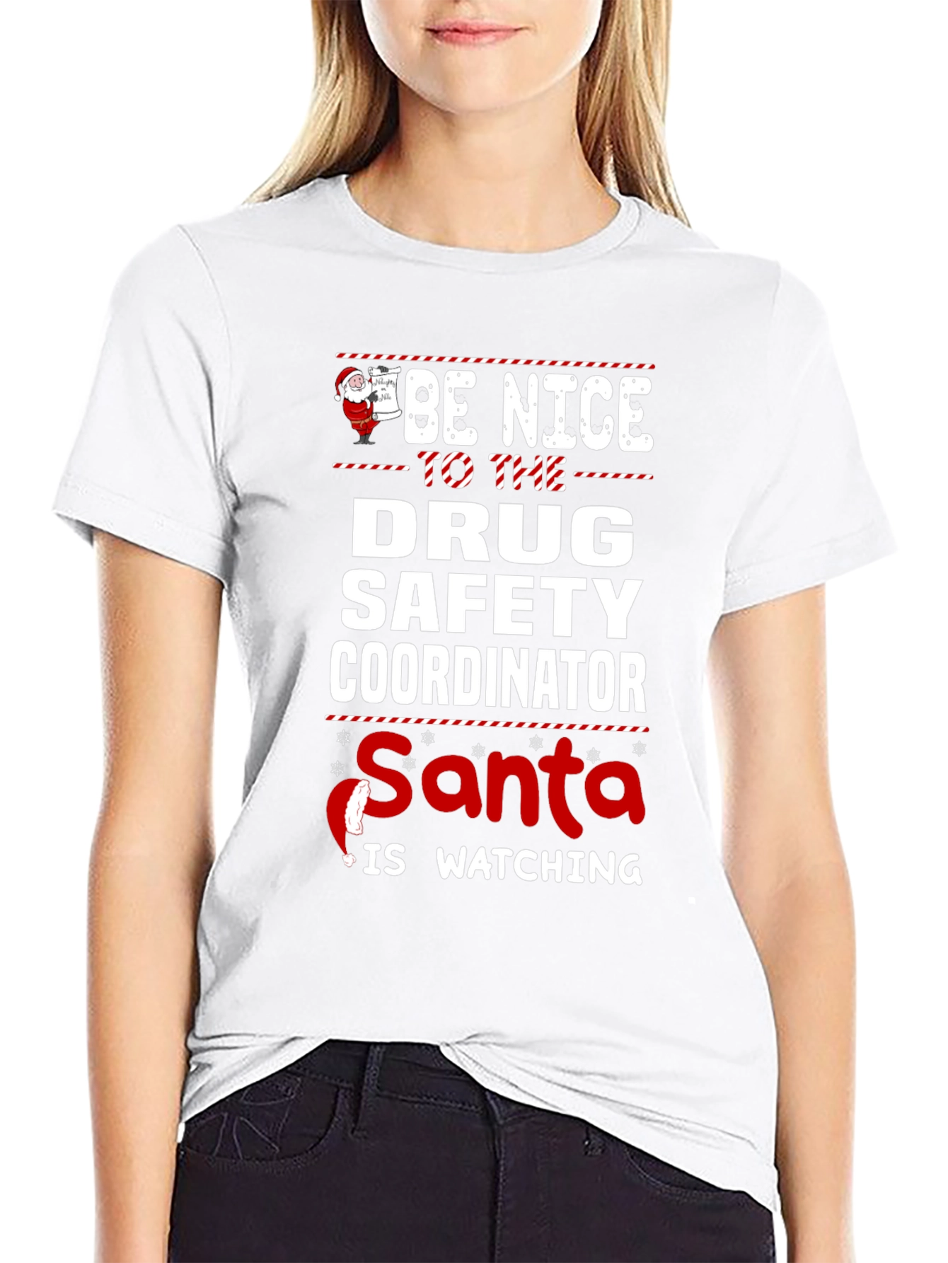 Black Drug Safety Coordinator Santa Watching T-Shirt view 9