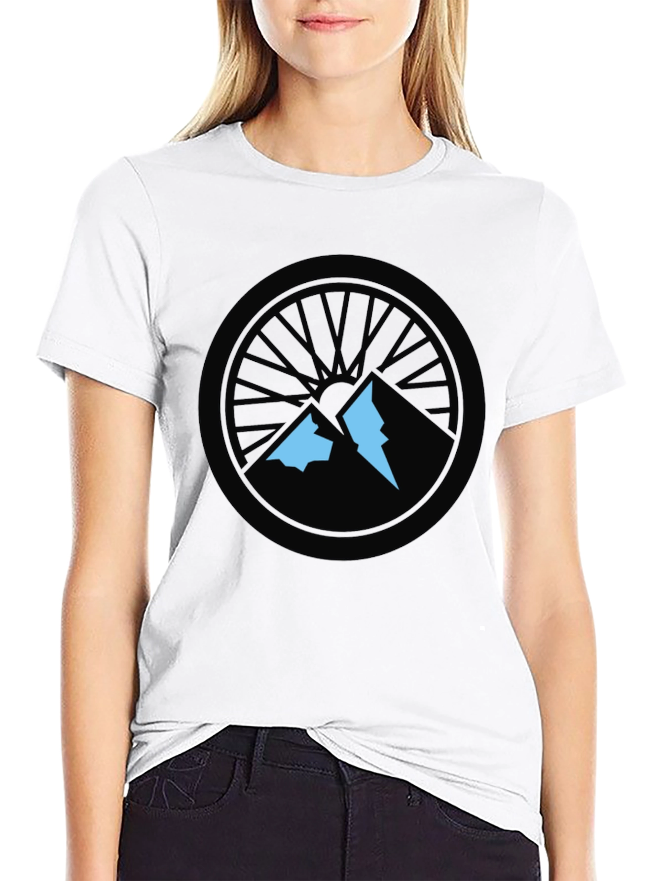 Black Mountain Biking T-Shirt - Wheel and Peaks Design view 9