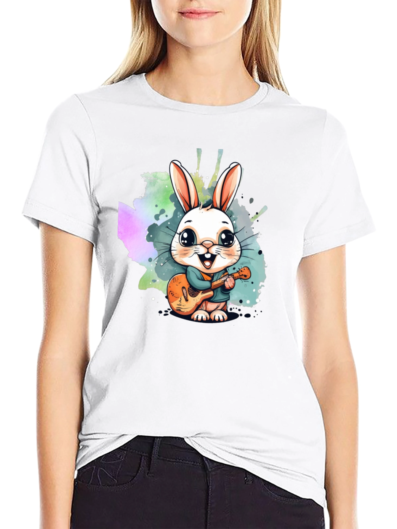 Black Cute Bunny Guitarist Black T-Shirt view 9