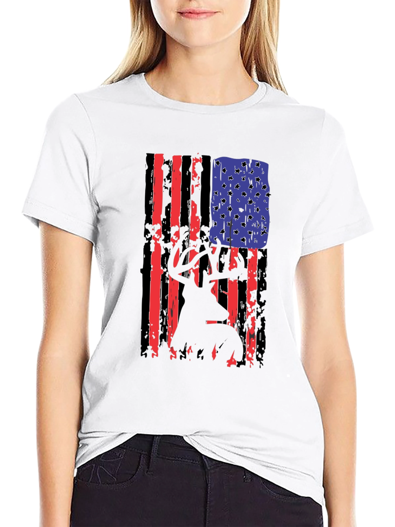 Black Distressed American Flag Deer Hunter T-Shirt view 9