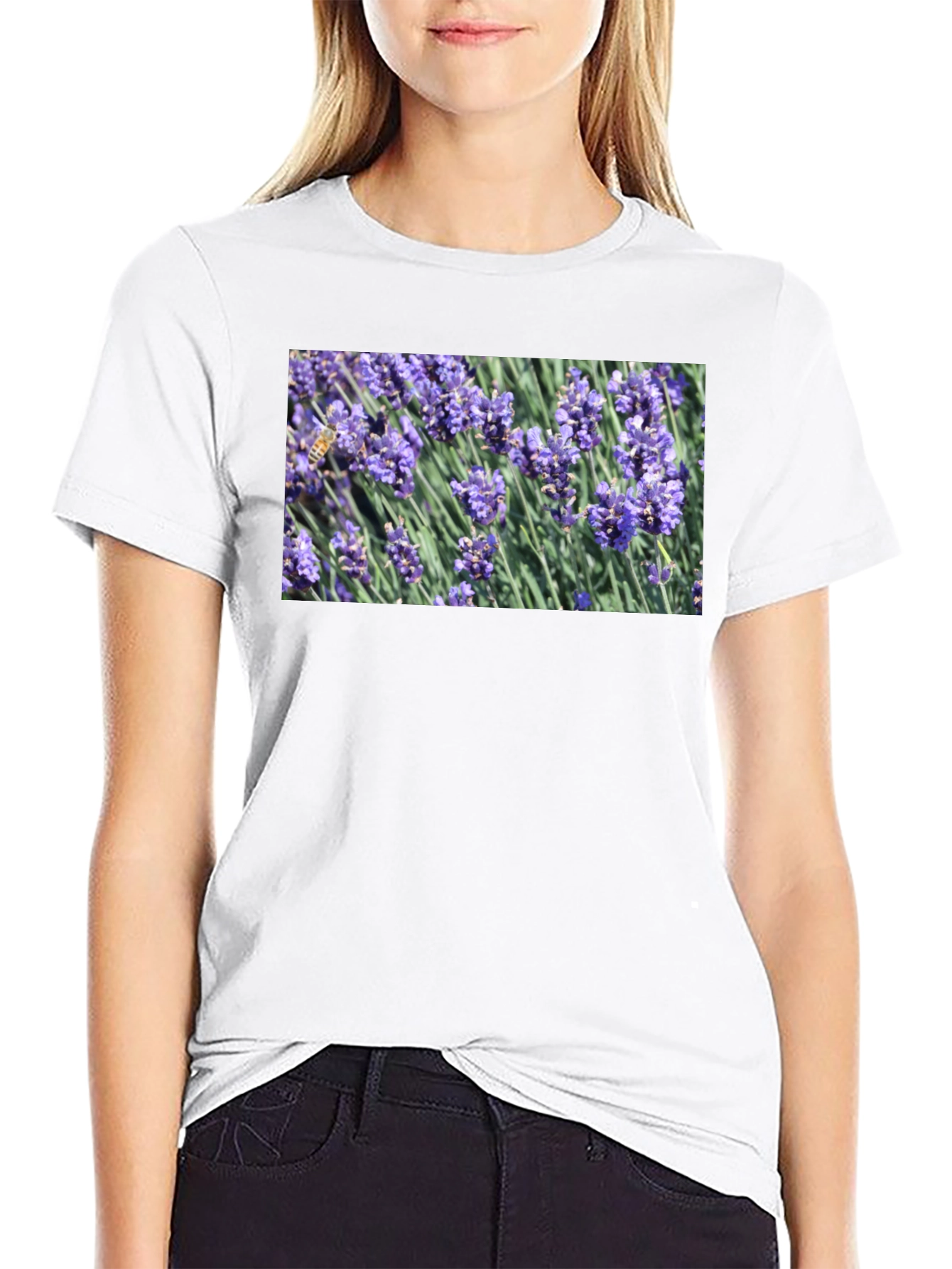 Black Floral Print T-Shirt: Bee on Lavender view 9