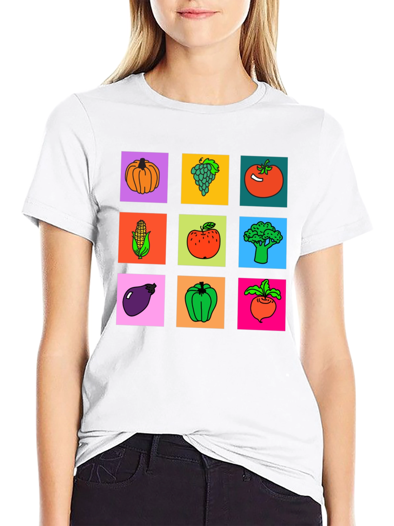 Black Vibrant Vegetable & Fruit Graphic Print T-Shirt view 9