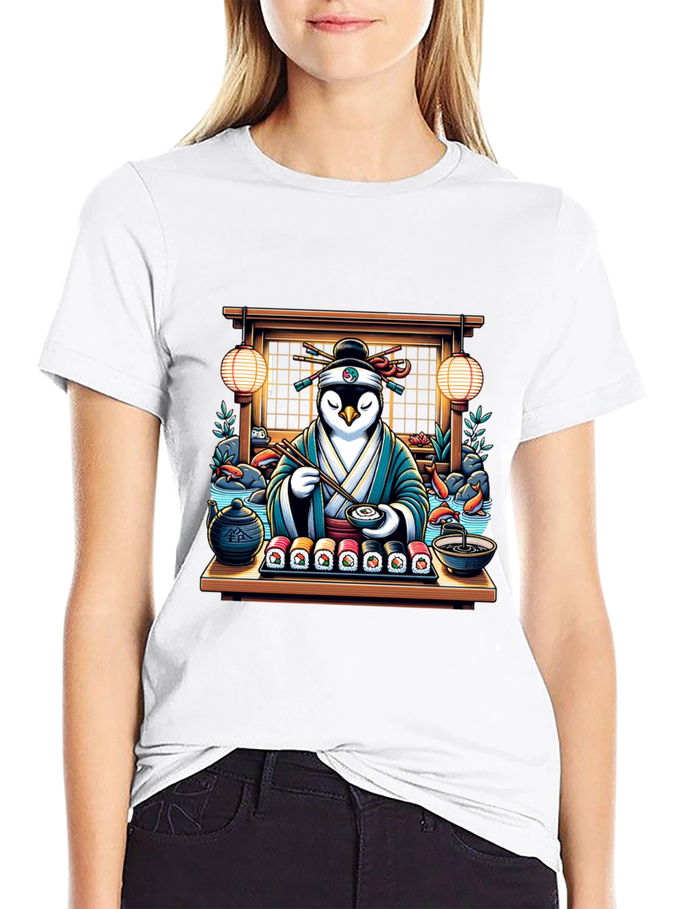 Black Sushi Chef Penguin T-Shirt view 9