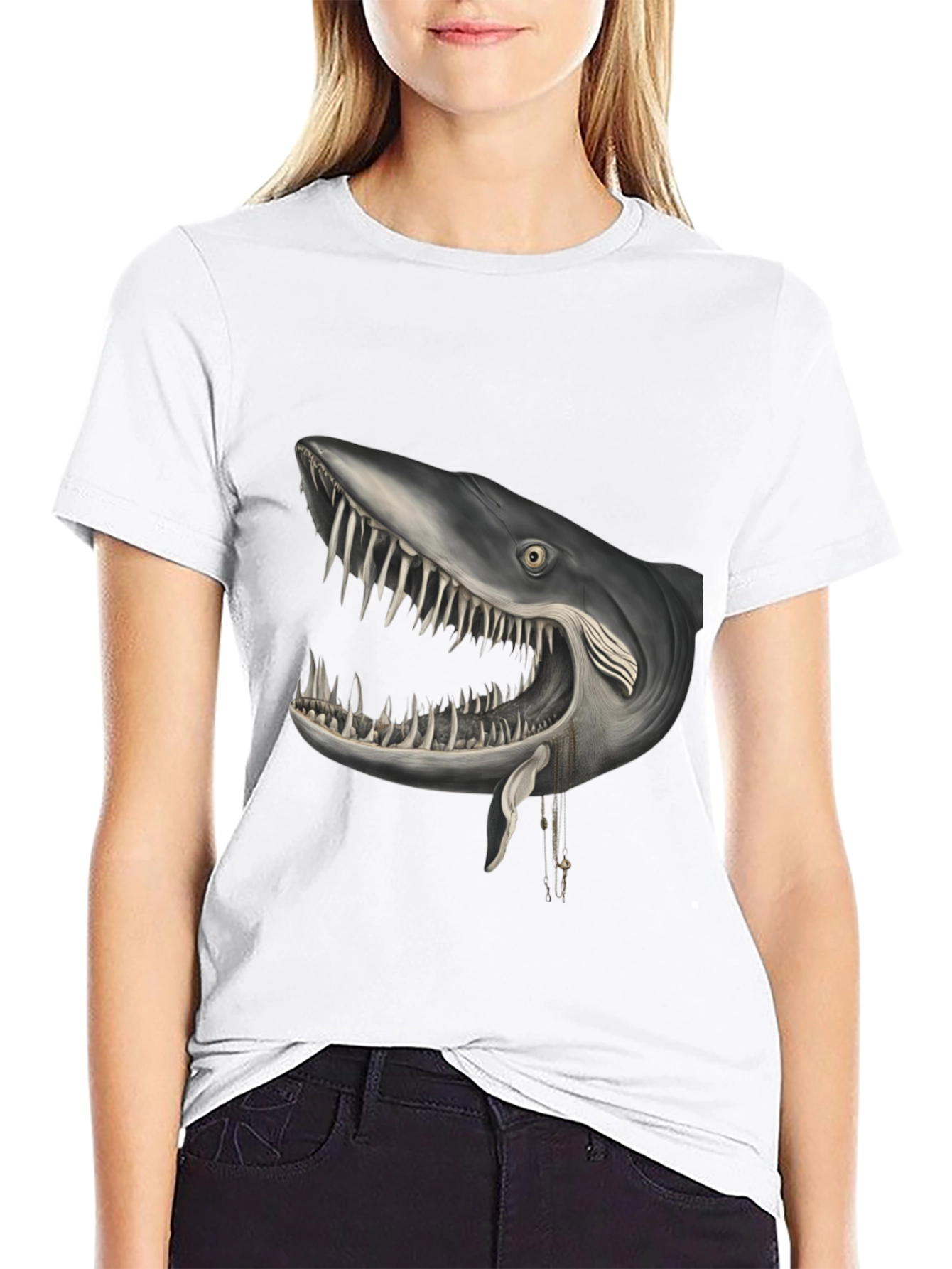 Black Shark Head Graphic Print Crew Neck T-Shirt view 9