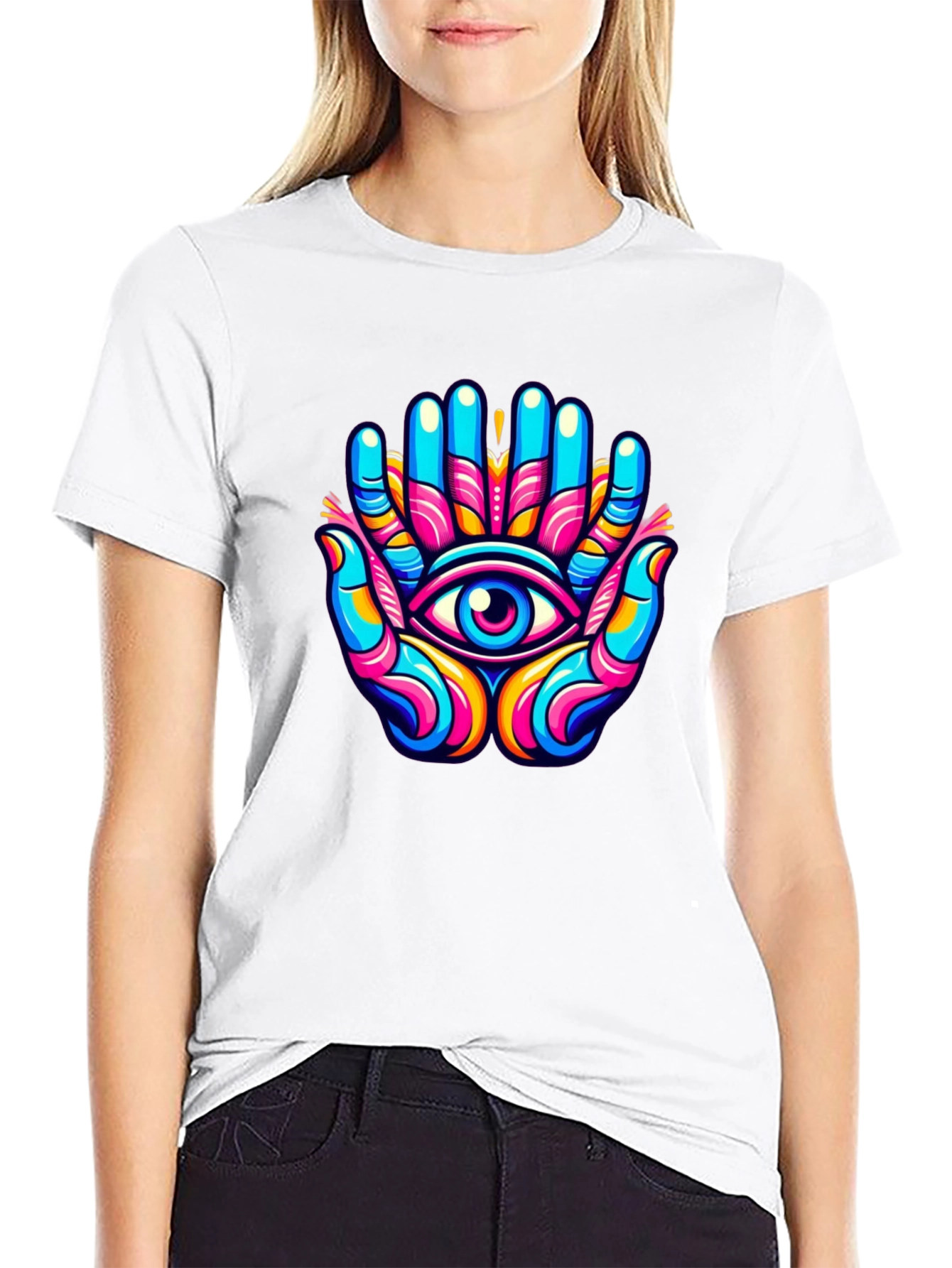 Black Vivid Eye Hands Graphic Black T-Shirt view 9