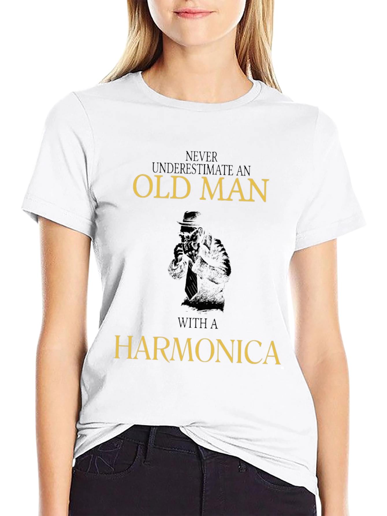 Black Old Man Harmonica Graphic T-Shirt view 9