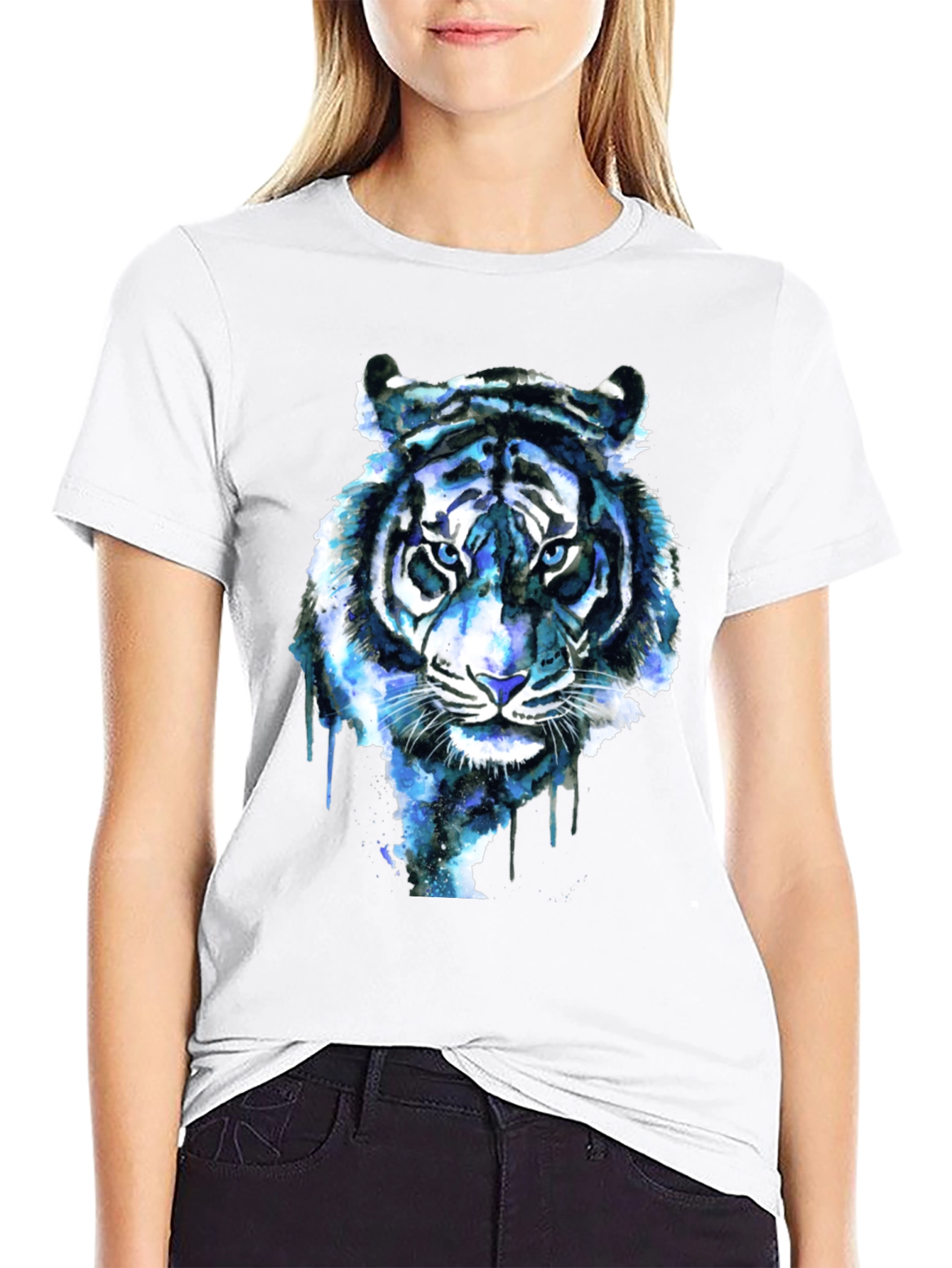 Black Blue Tiger Graphic Tee - Cool Watercolor Design view 9