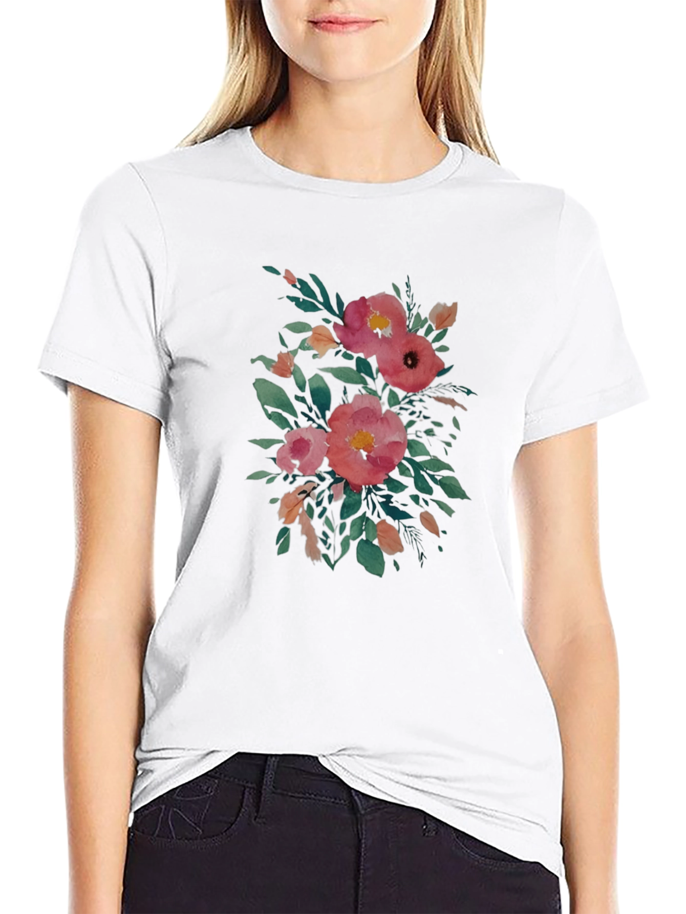 Black Floral Watercolor Print Black T-Shirt view 9