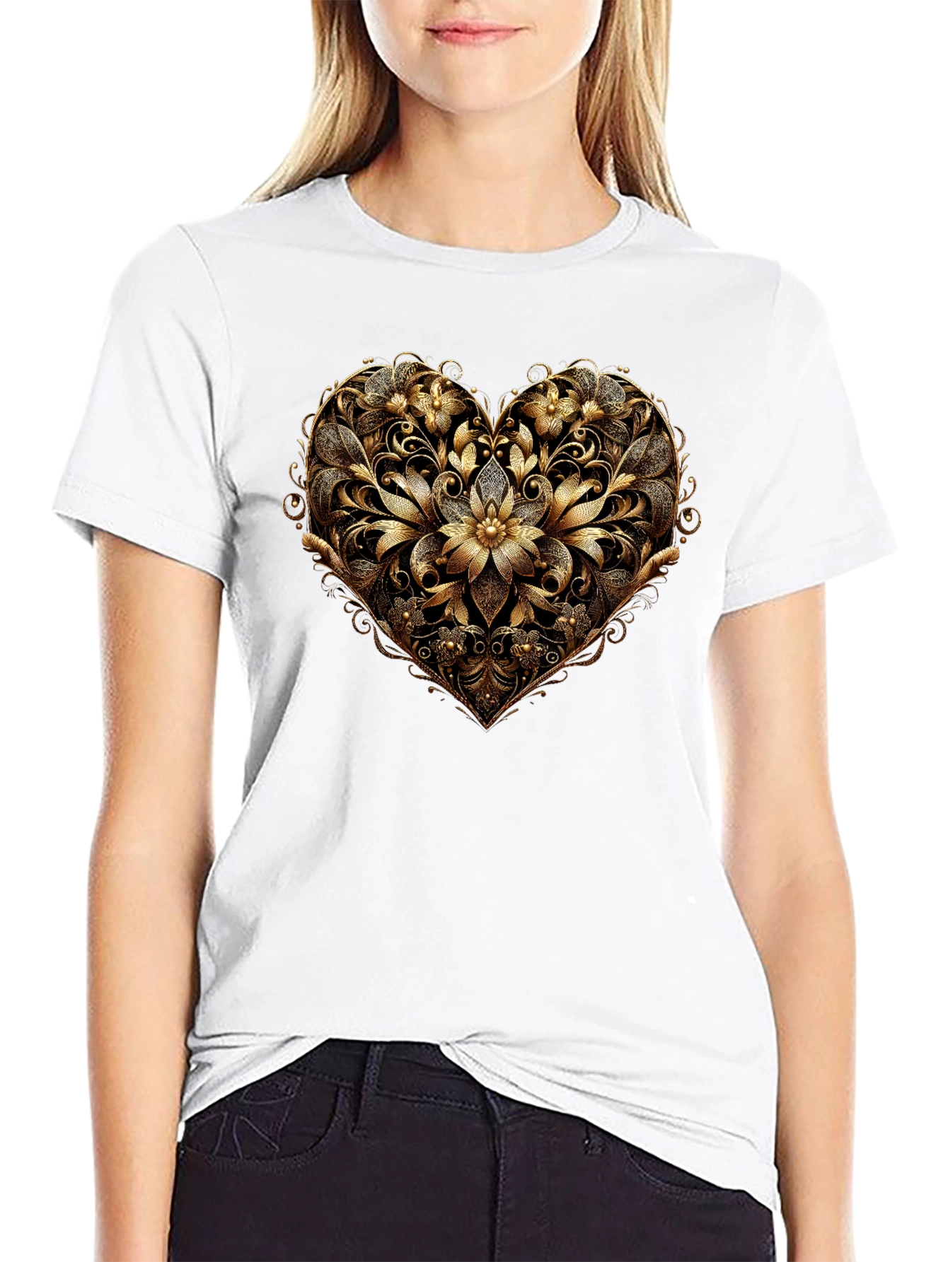 Black Golden Floral Heart Black T-Shirt view 9