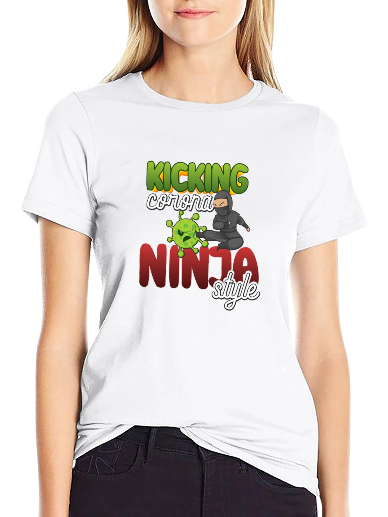 Black Kicking Corona Ninja Style T-Shirt view 9