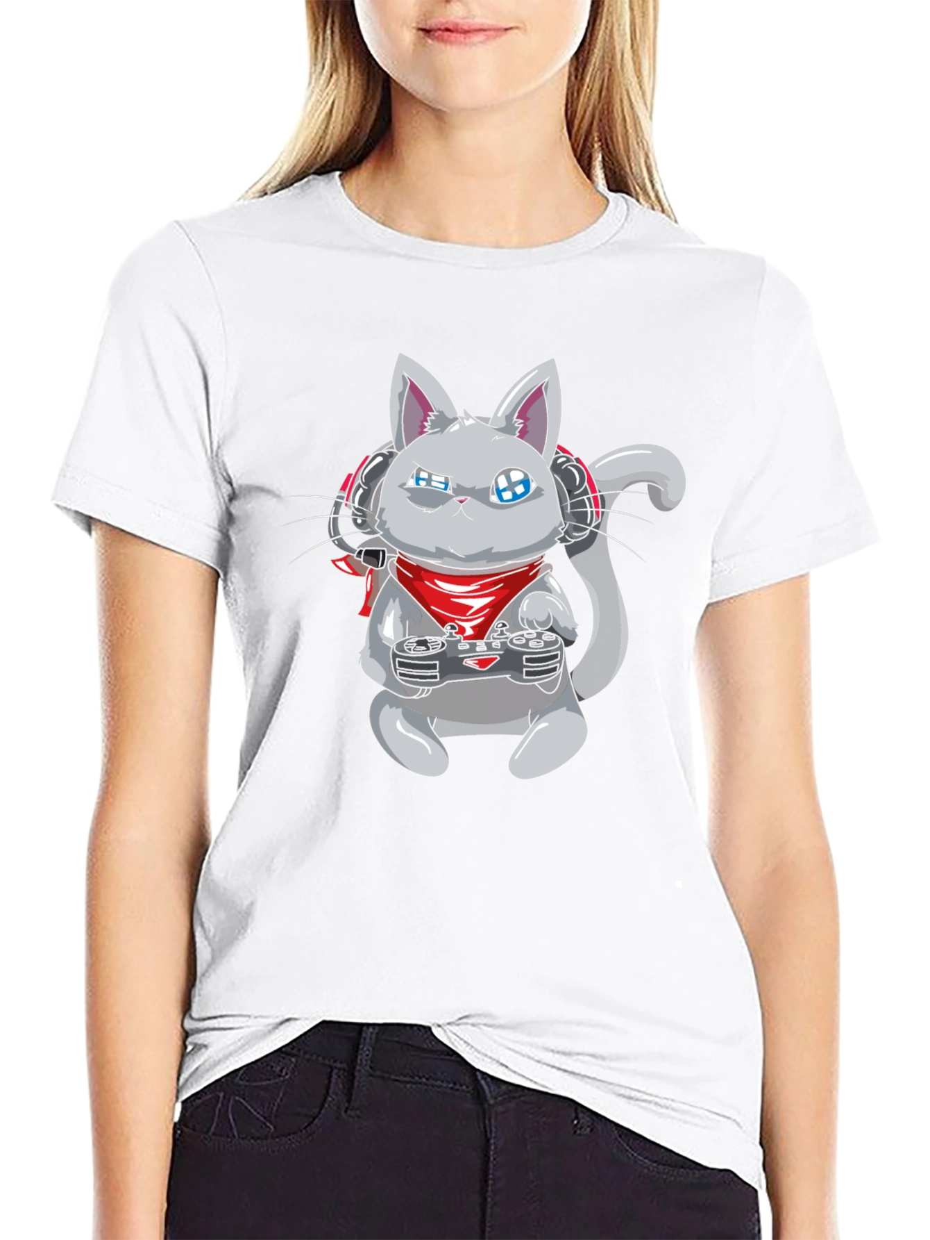 Black Gamer Cat Black T-Shirt - Gaming Cartoon Tee view 9