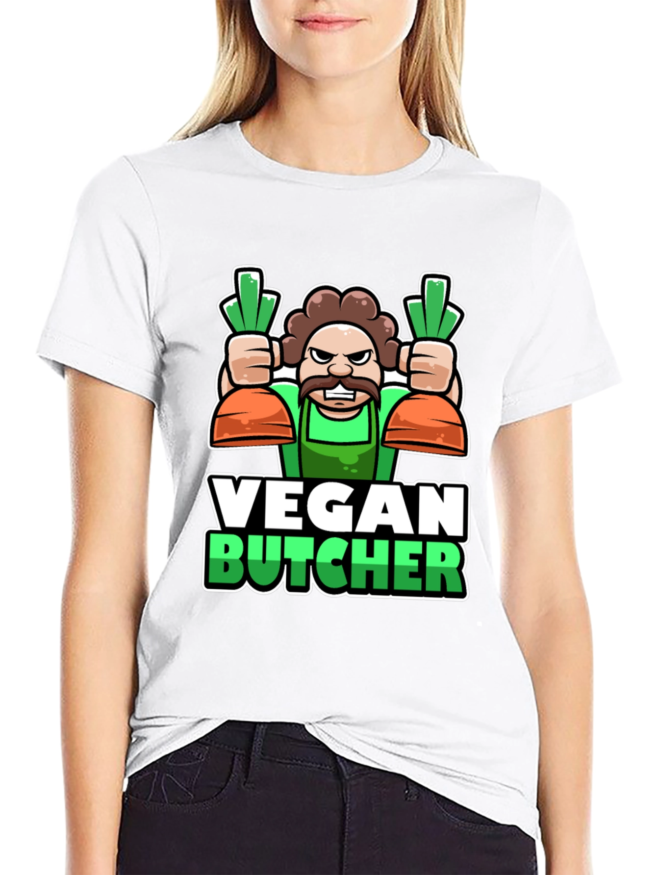 Black Vegan Butcher T-Shirt: Cartoon Carrot Design view 9