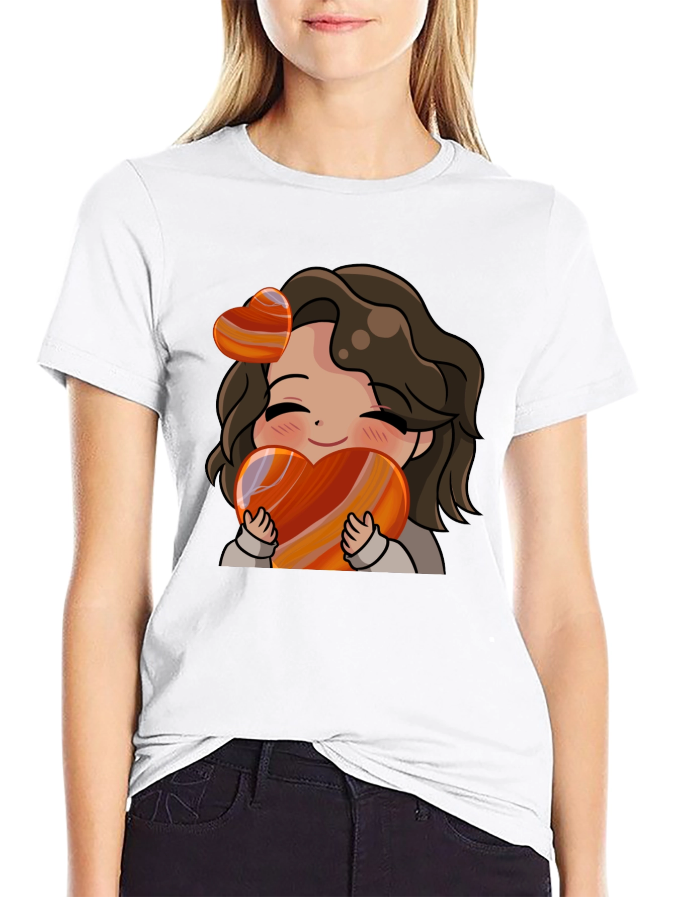 Black Cute Cartoon Girl Heart T-Shirt view 9