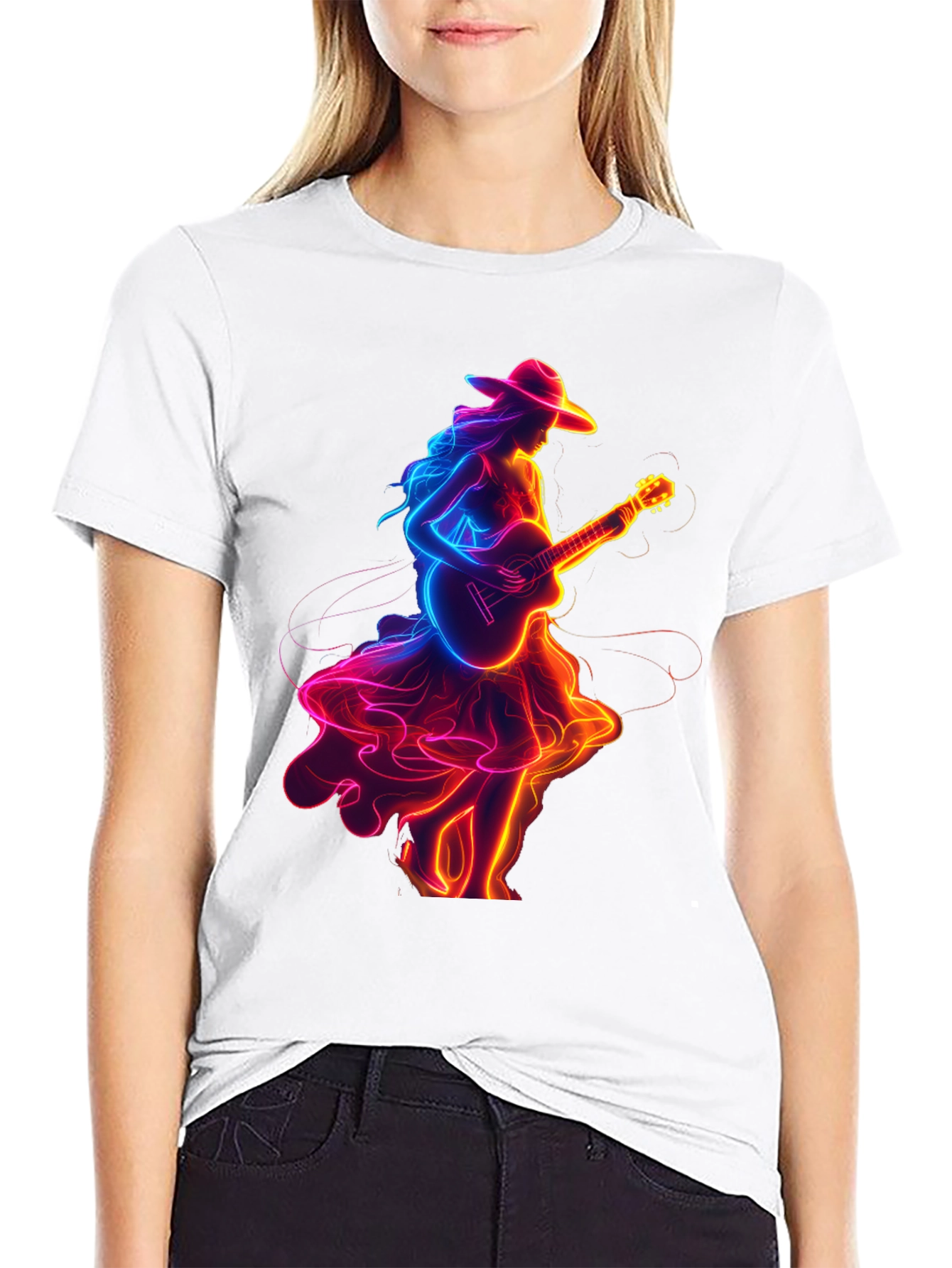 Black Neon Guitar Girl Graphic Tee view 9