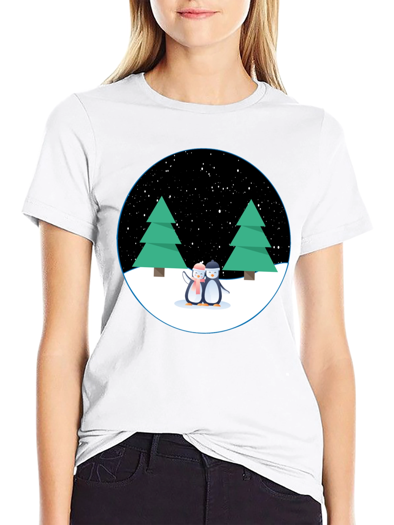 Black Penguin Winter Scene Black T-Shirt view 9