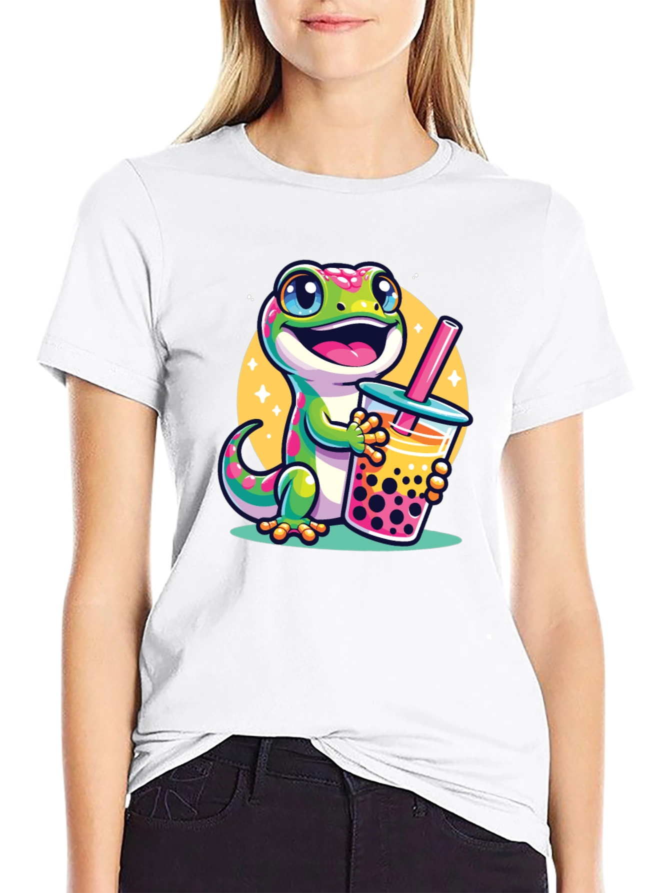 Black Cute Gecko Boba Tea Graphic T-Shirt view 9