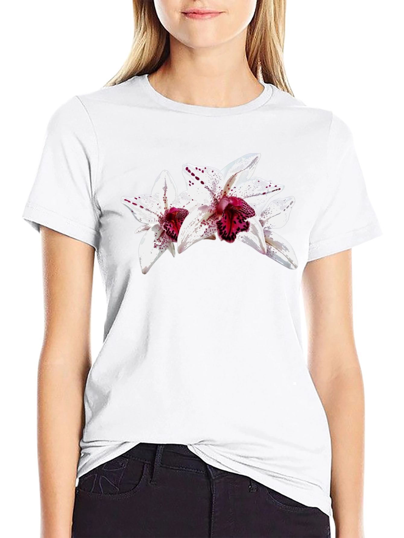Black Floral Orchid Graphic Black T-Shirt view 9