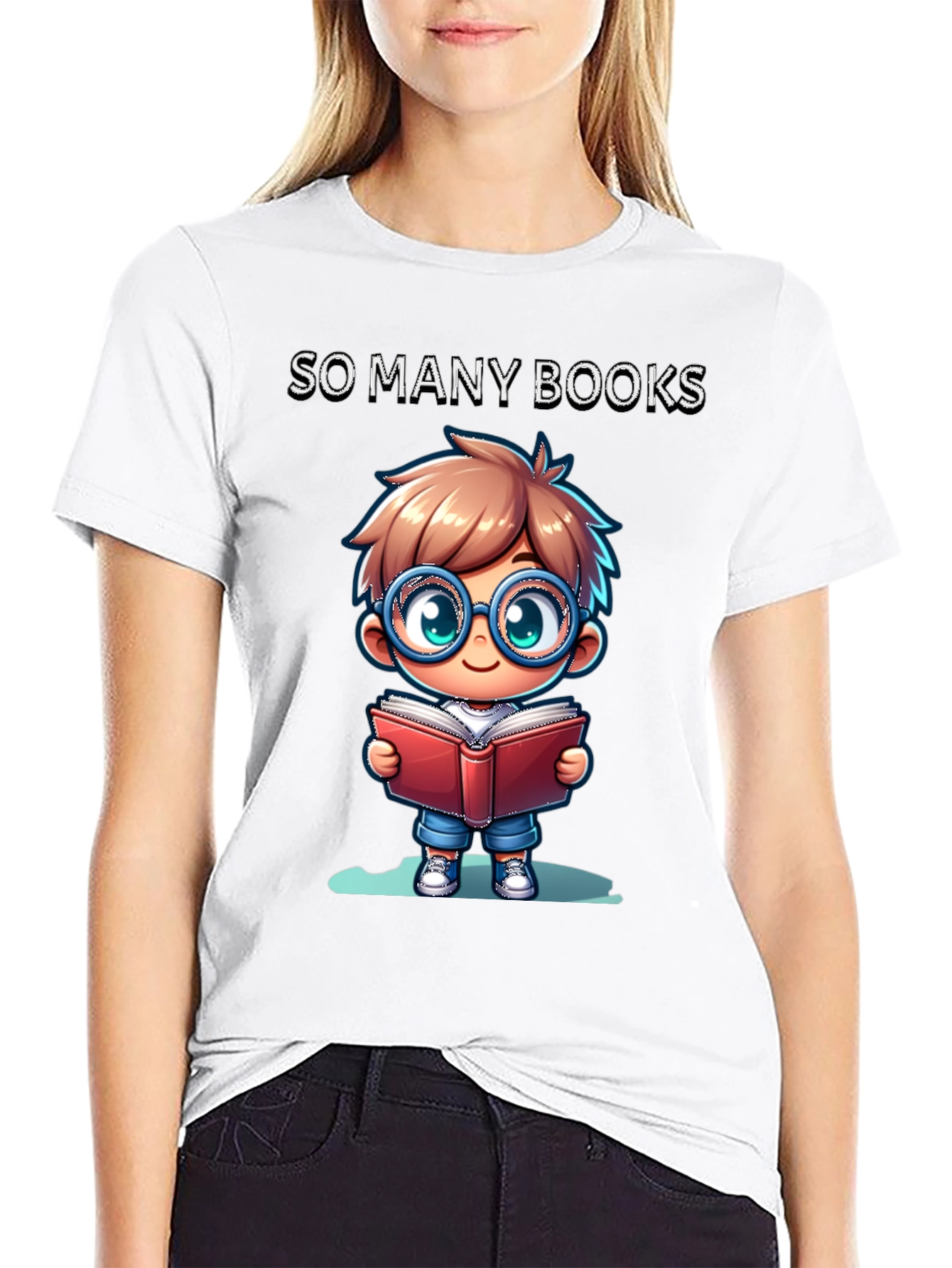 Black So Many Books T-Shirt: Cartoon Boy Reader view 9
