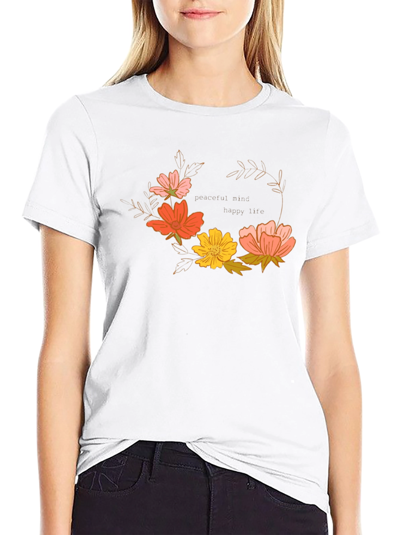 Floral Wreath Graphic T-Shirt - Peaceful Mind, Happy Life - 9