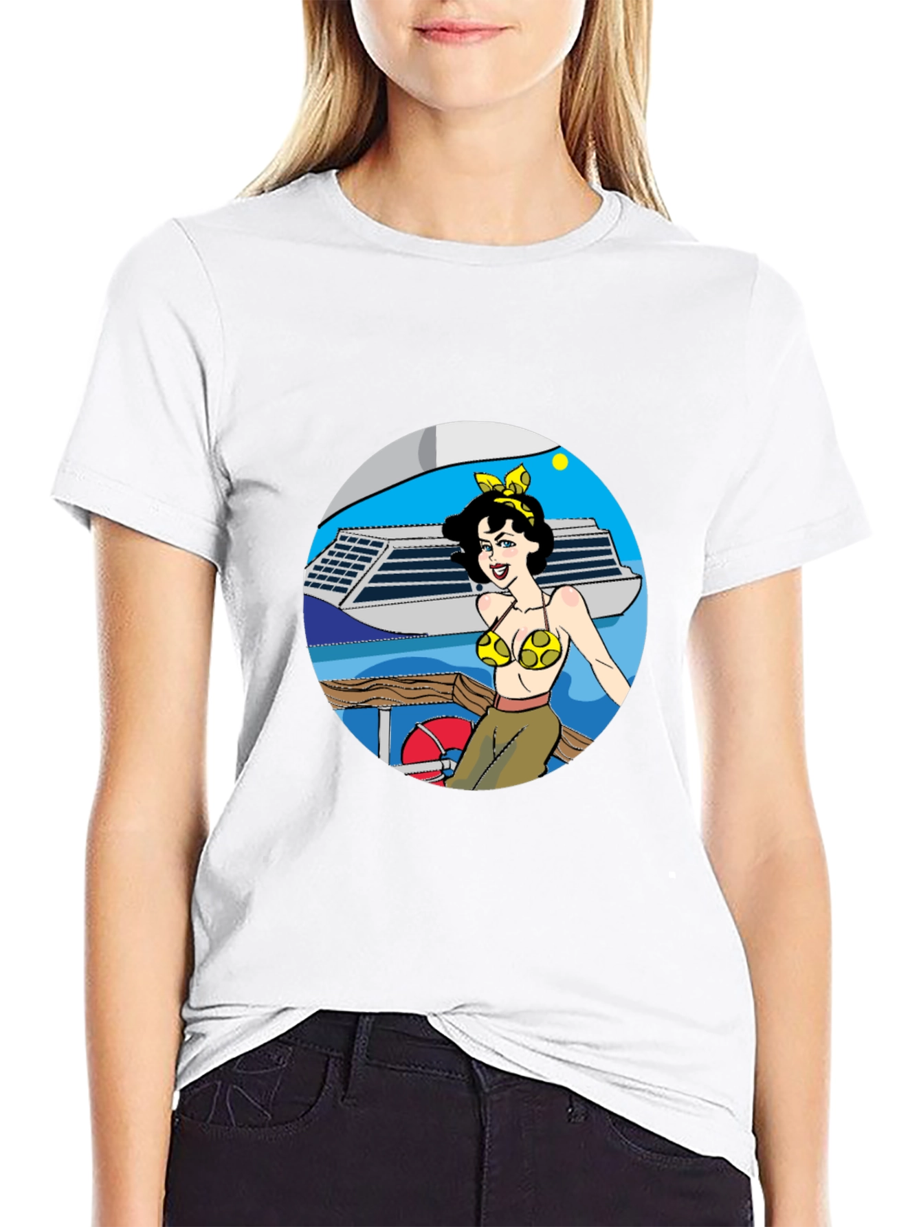 Black Cartoon Woman on Boat Graphic Tee - Black Cotton Blend view 9