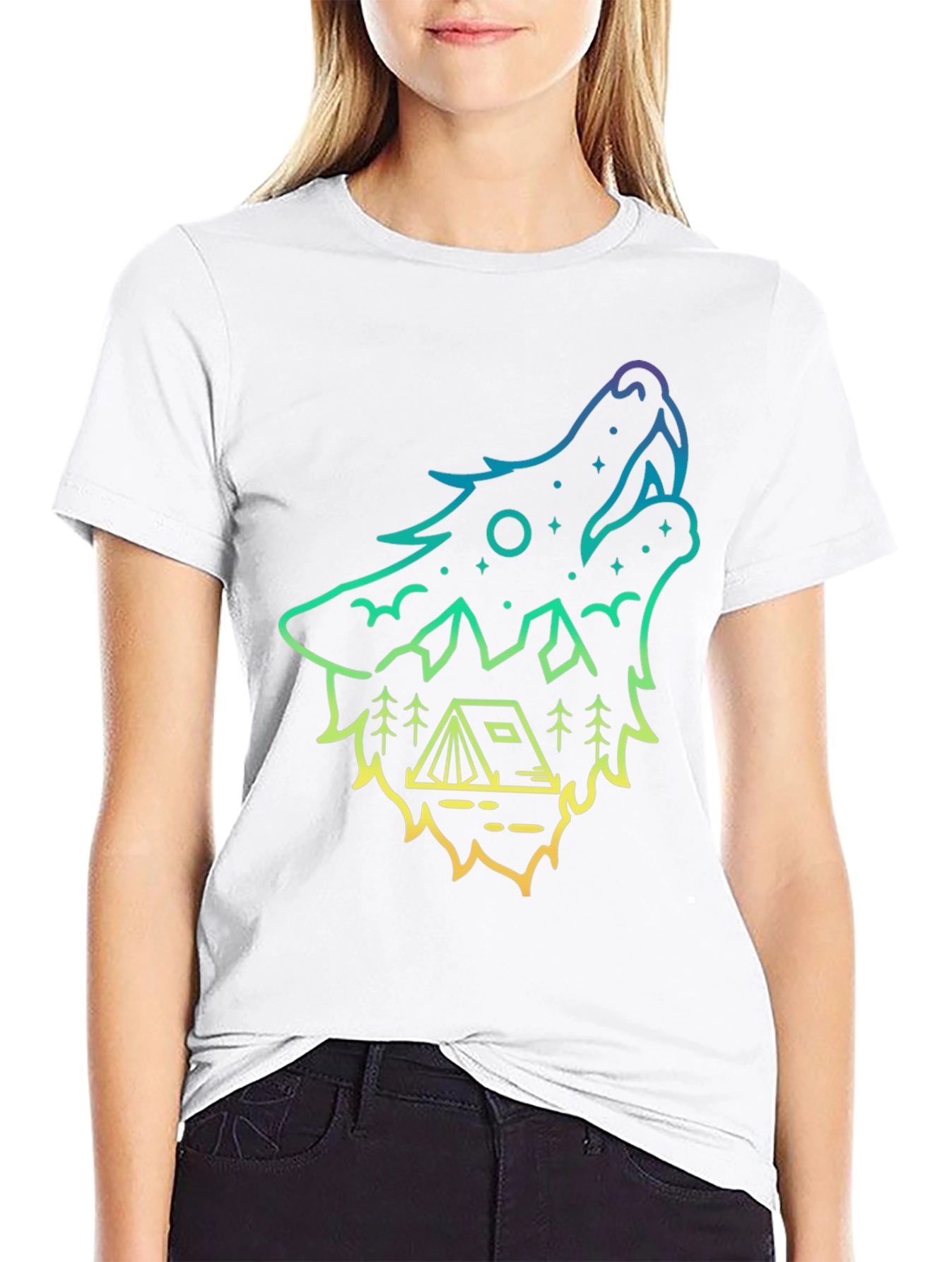 Black Wolf Howl Camping Tee - Gradient Outline Design view 9