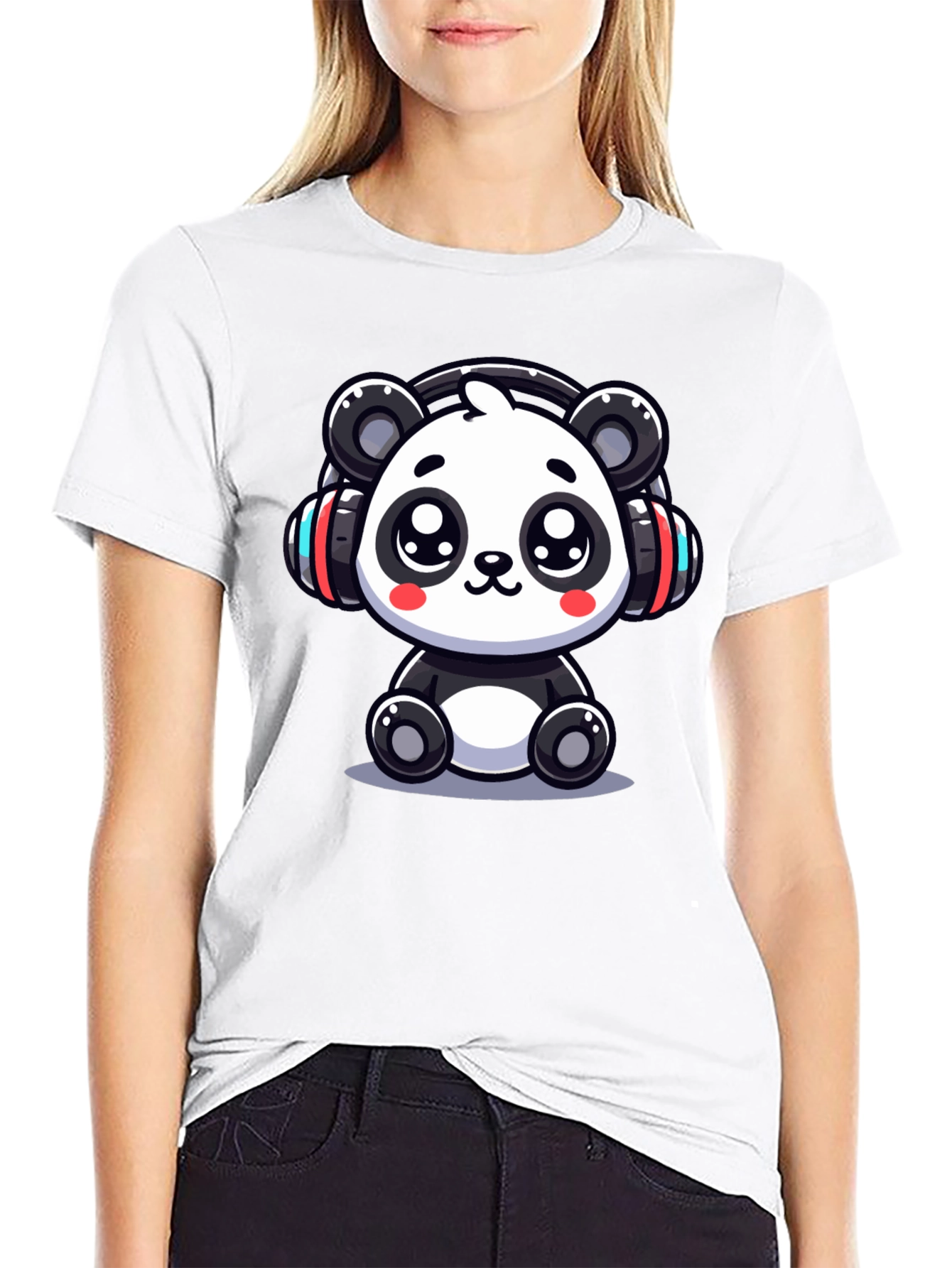 Black Cute Panda Headphones Black T-Shirt view 9