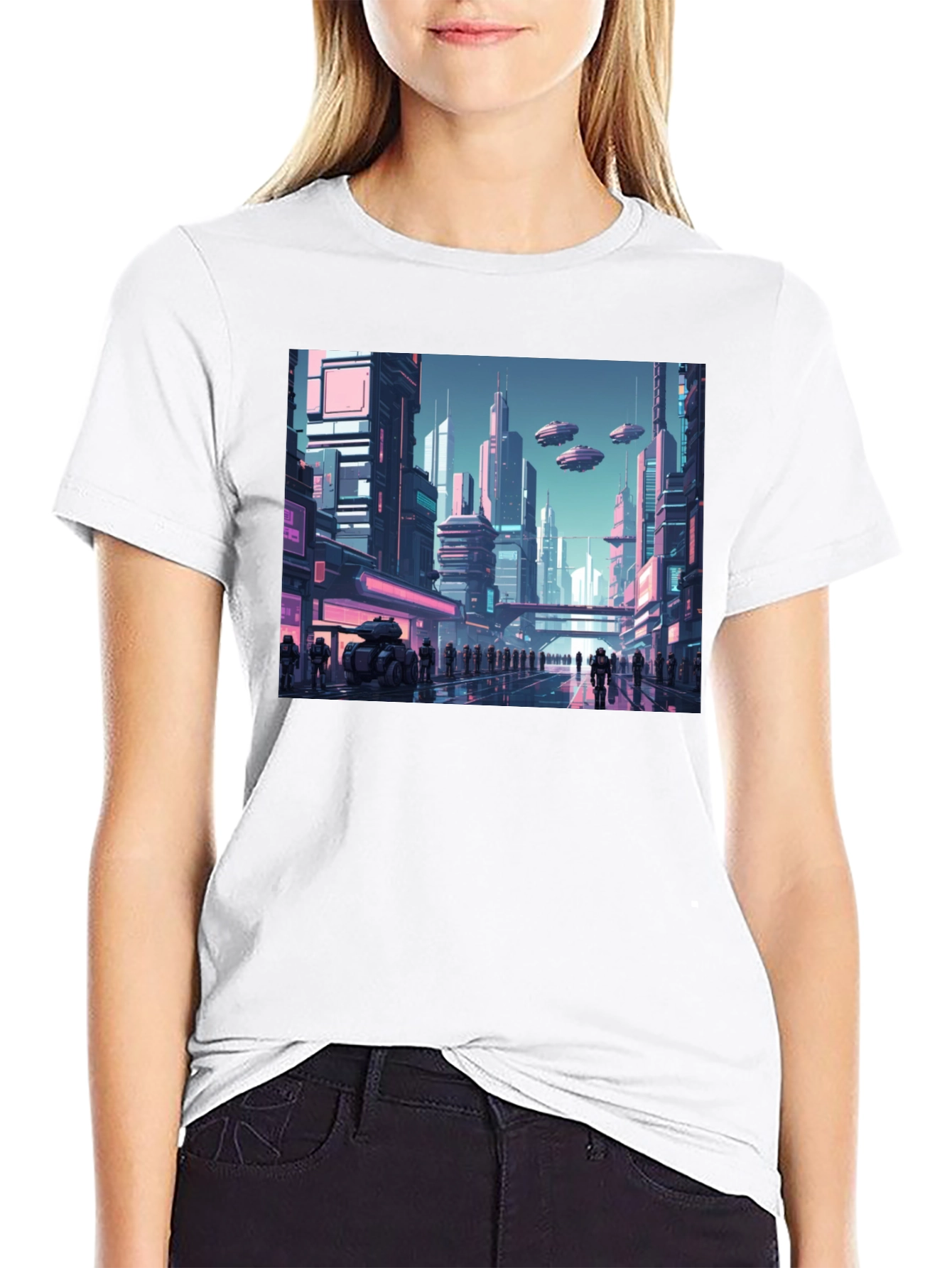 Black Sci-Fi Cityscape Graphic Tee view 9