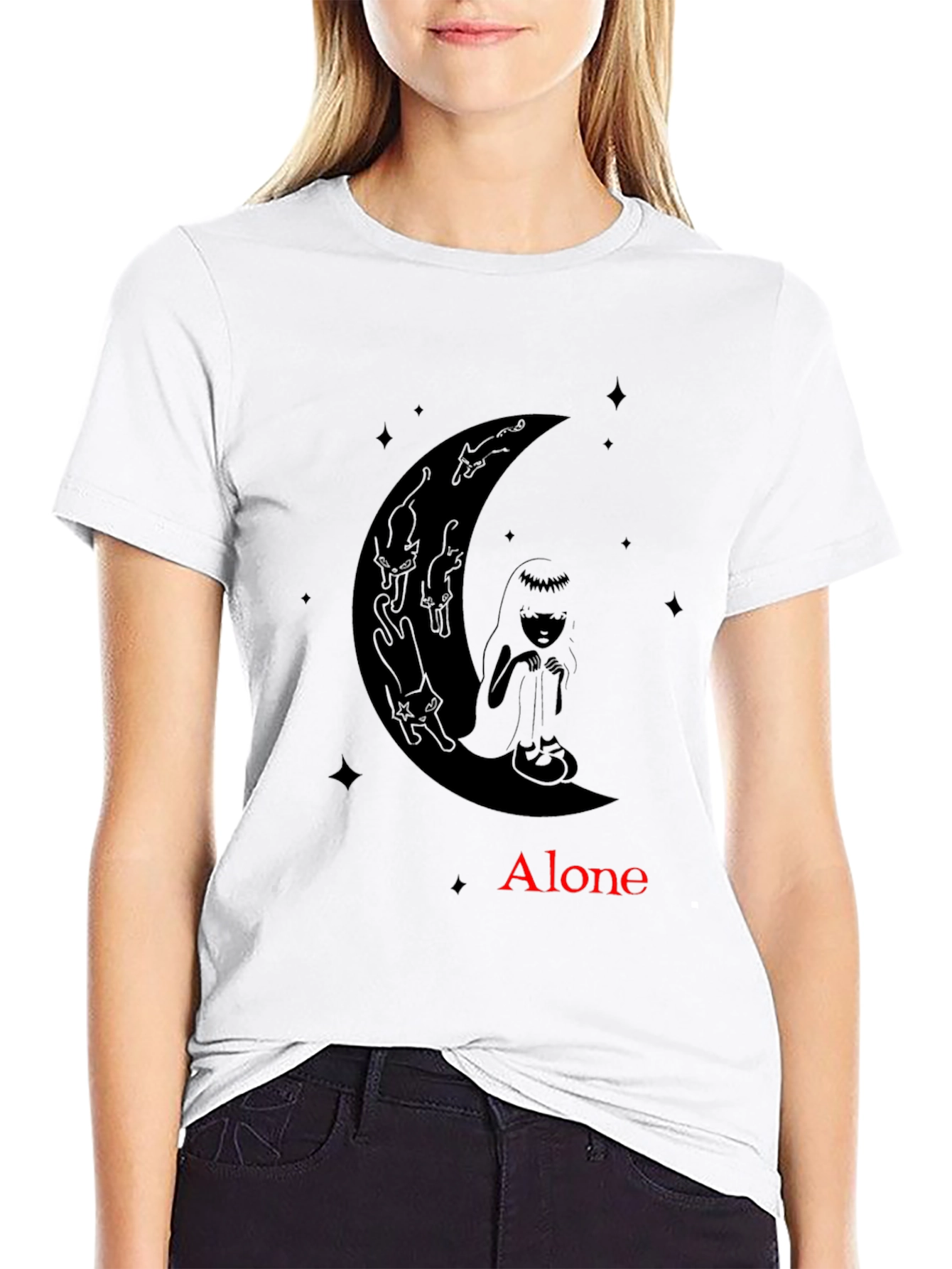 Black Alone Girl & Cats Moon Graphic Tee - Black view 9