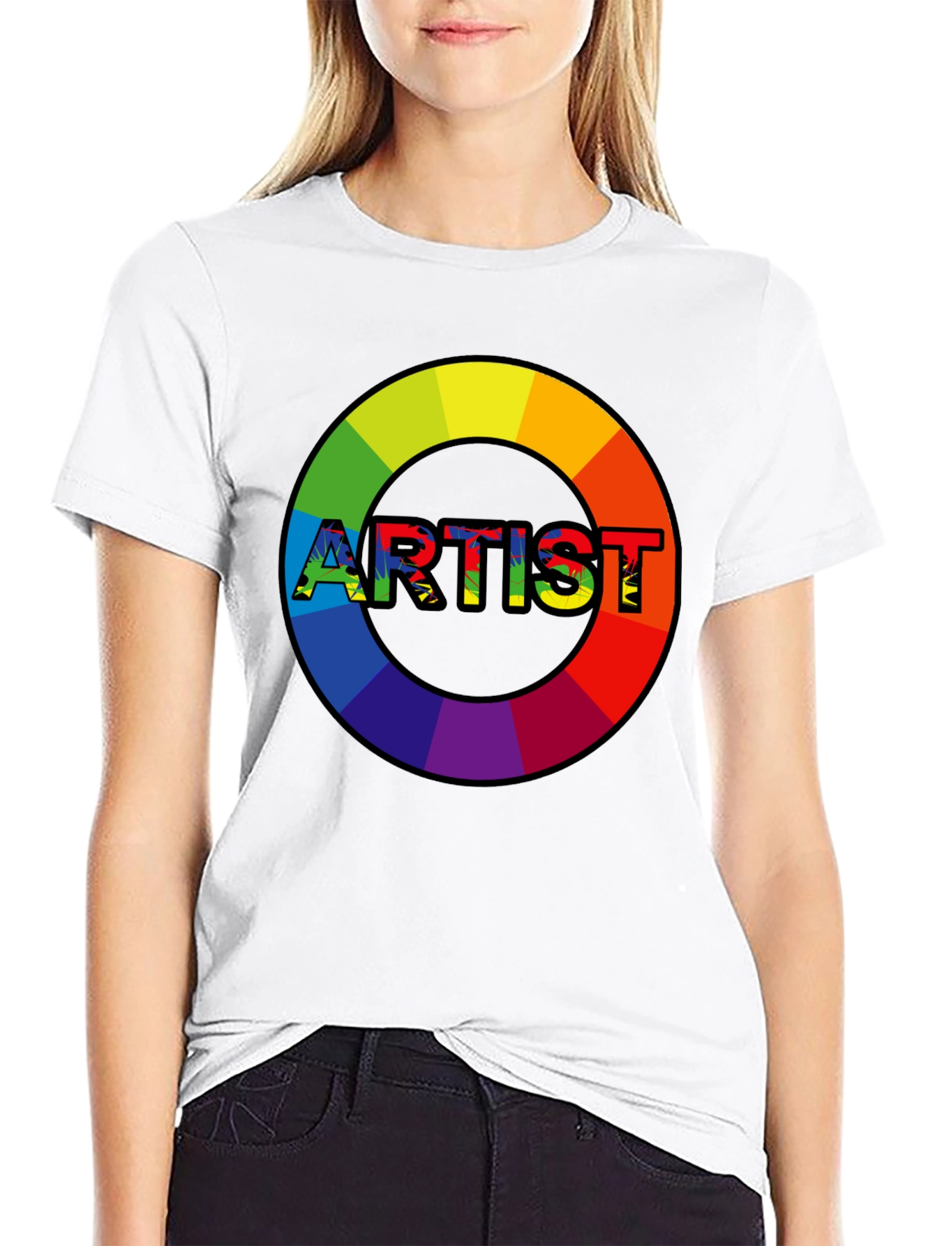 Black Rainbow Artist Circle Graphic Tee - Black Cotton Casual T-Shirt view 9