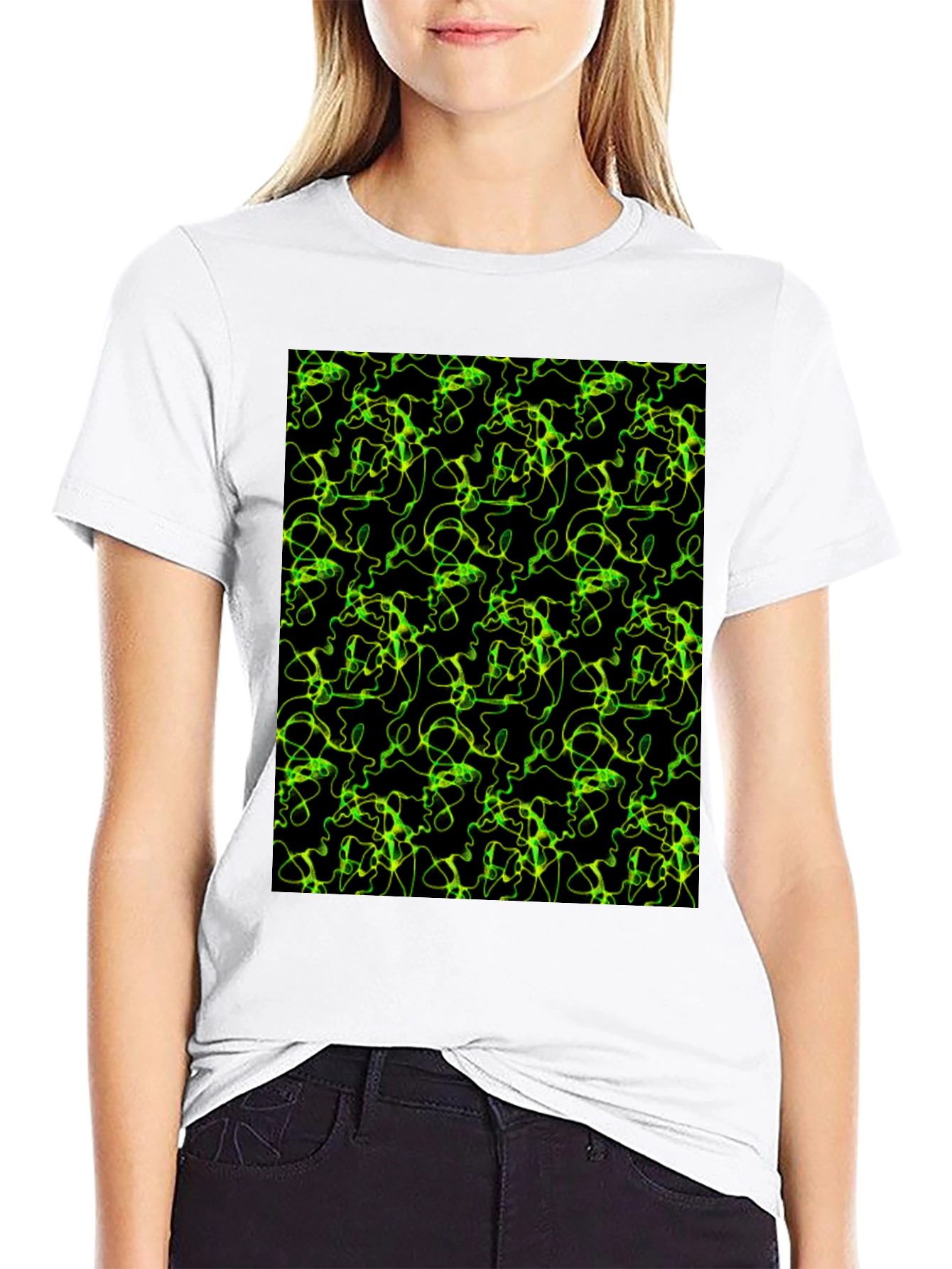 Black Abstract Green Line Pattern Black T-Shirt view 9