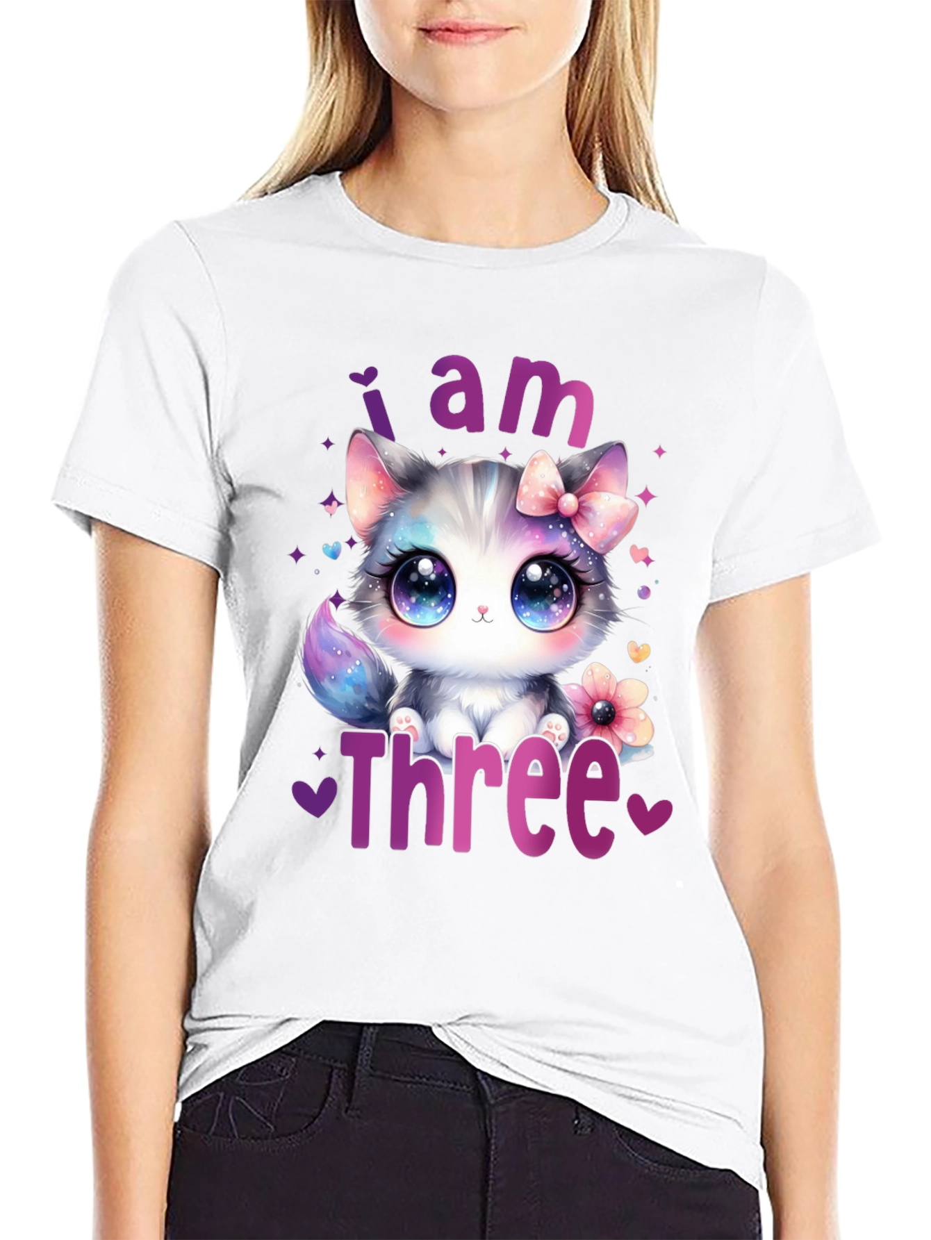 Black I Am Three Birthday Cat T-Shirt view 9
