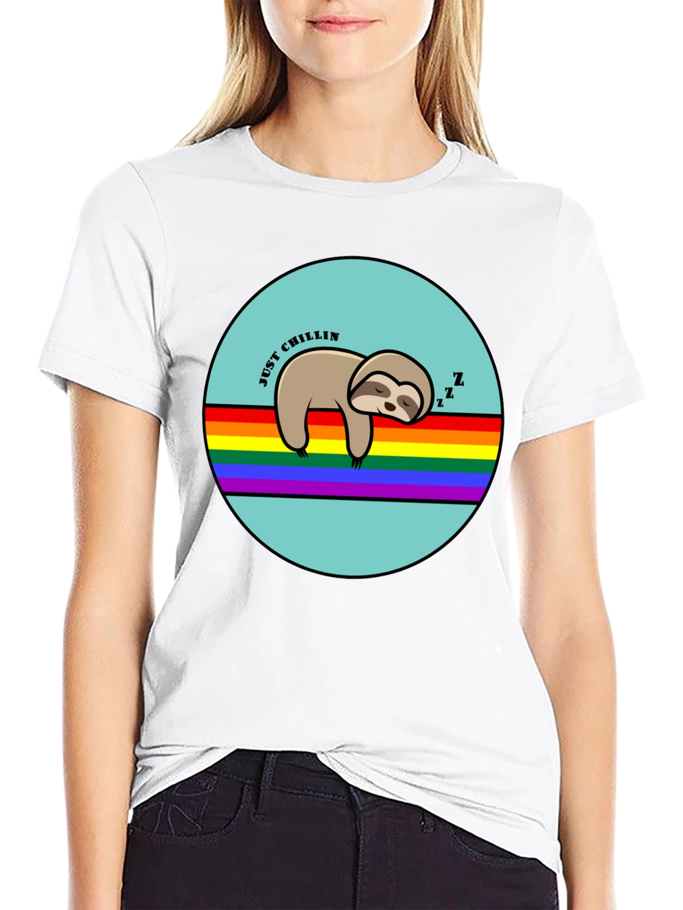 Black Just Chillin' Sloth Graphic T-Shirt - Rainbow LGBT Pride view 9
