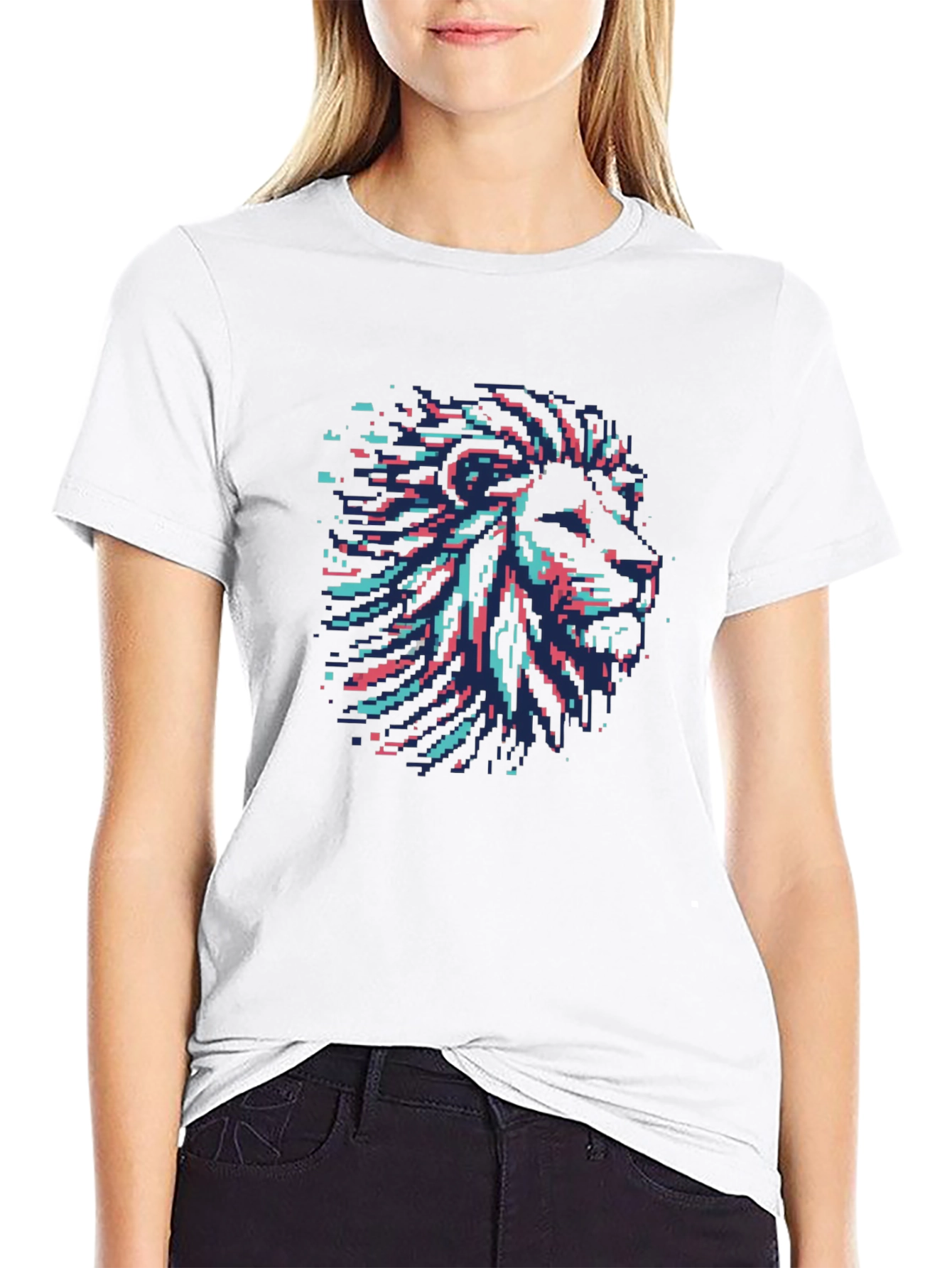 Black Pixel Art Lion Head Graphic Black T-Shirt view 9