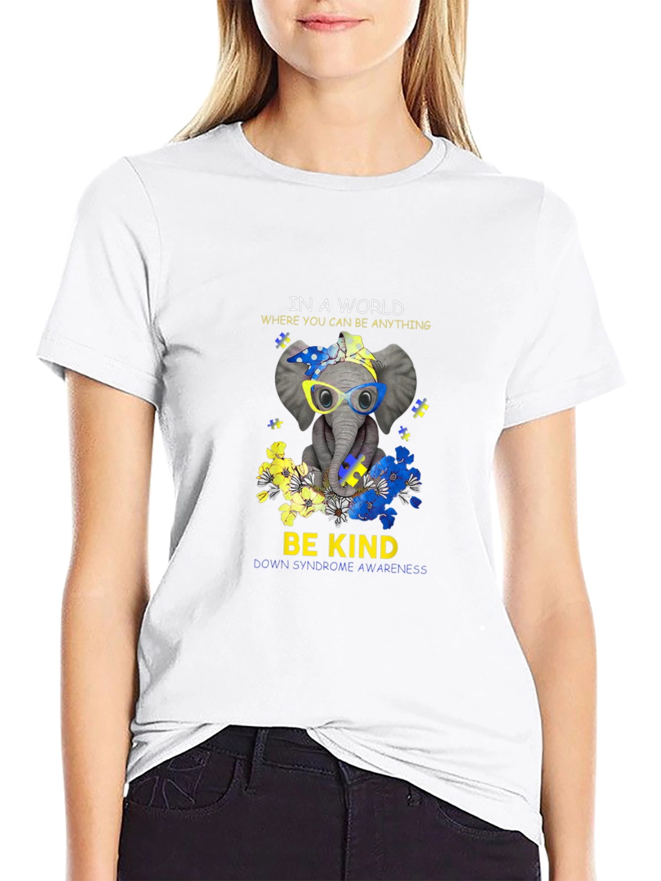 Black Be Kind Down Syndrome Awareness Elephant T-Shirt view 9