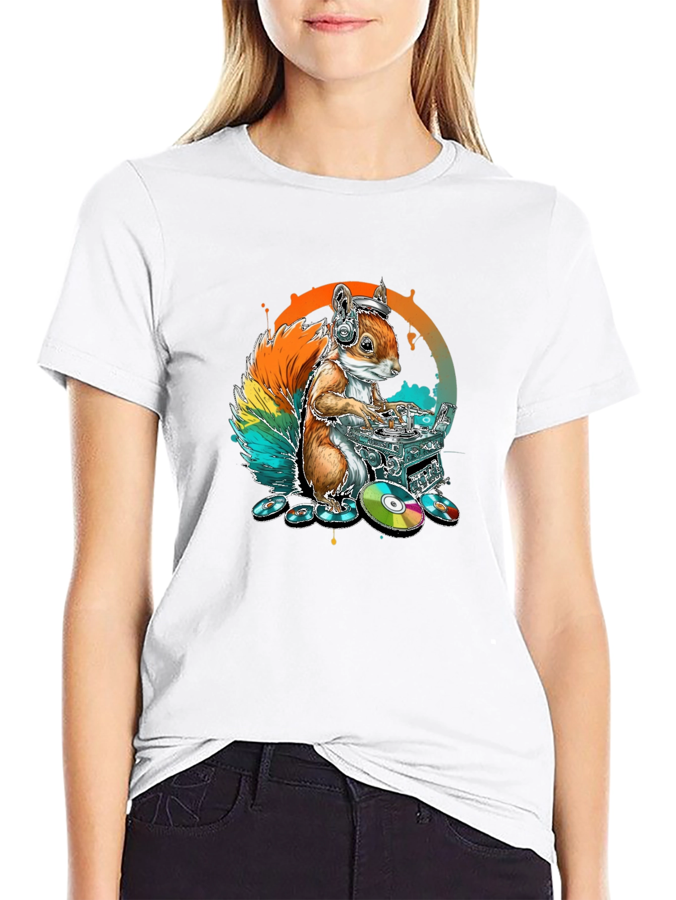 Black DJ Squirrel Graphic Tee - Black Cotton T-Shirt view 9